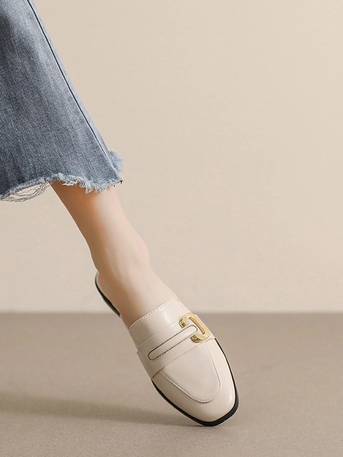 Retro Beige Leather Loafers Half Slippers - Image 3