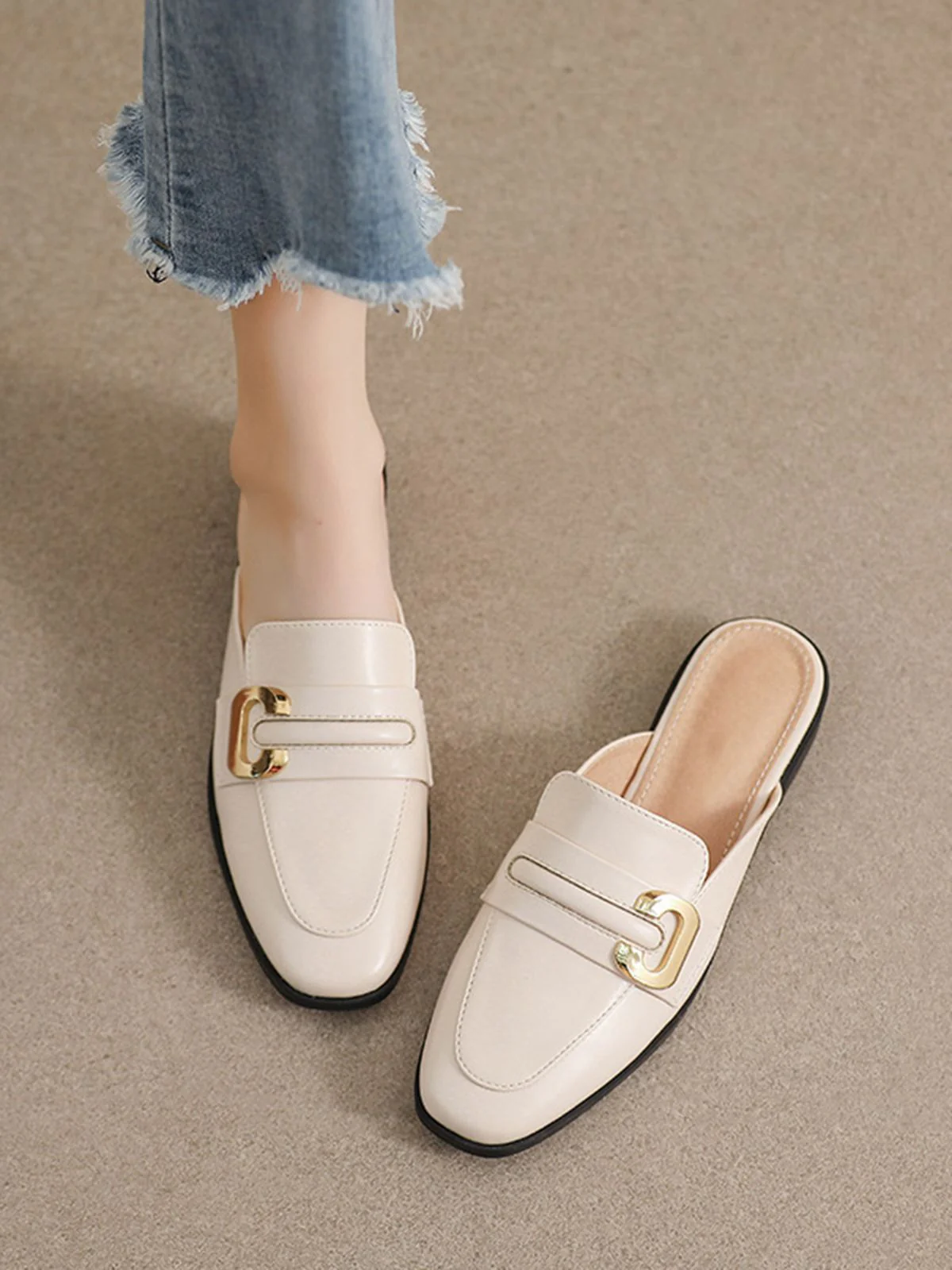 Retro Beige Leather Loafers Half Slippers - Image 4