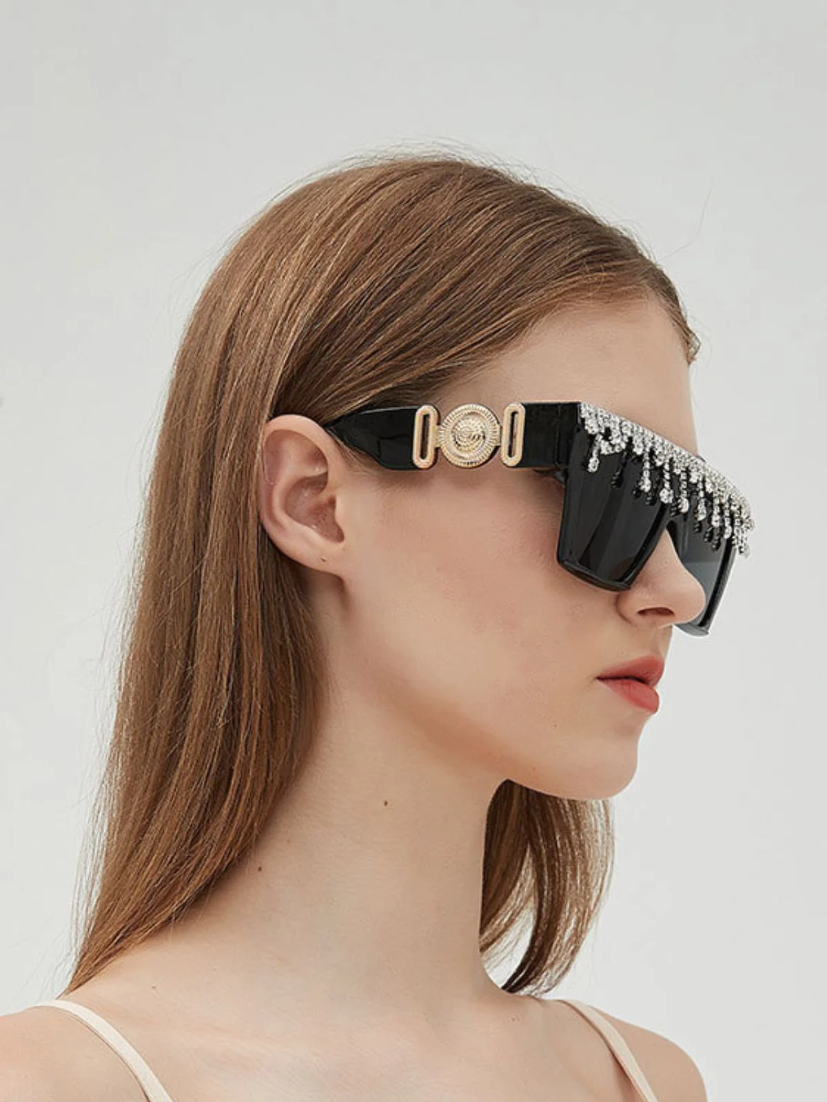 Retro Black Large Frame Diamond Sunglasses - Image 3