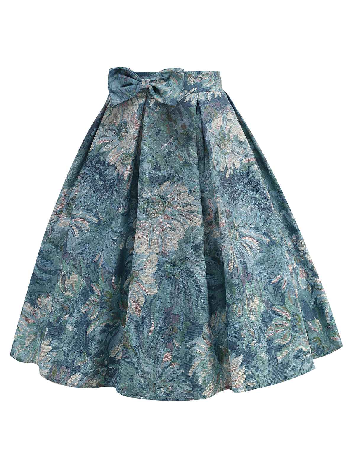 Retro Blue 1950s Lotus Painting Bow Skirt - Image 2