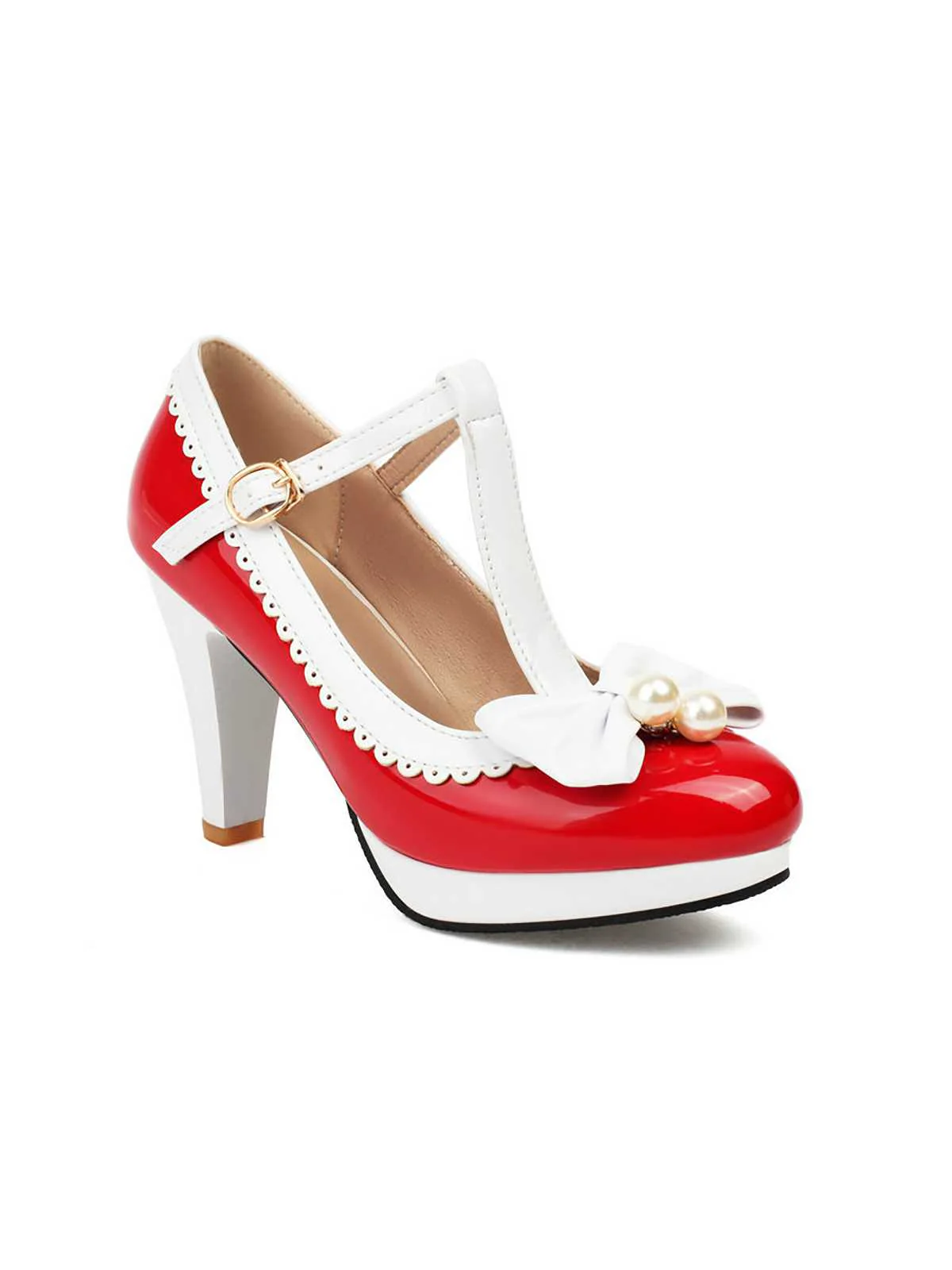 Retro Bow Pearl T-Strap Contrast High Heels Shoes - Image 10