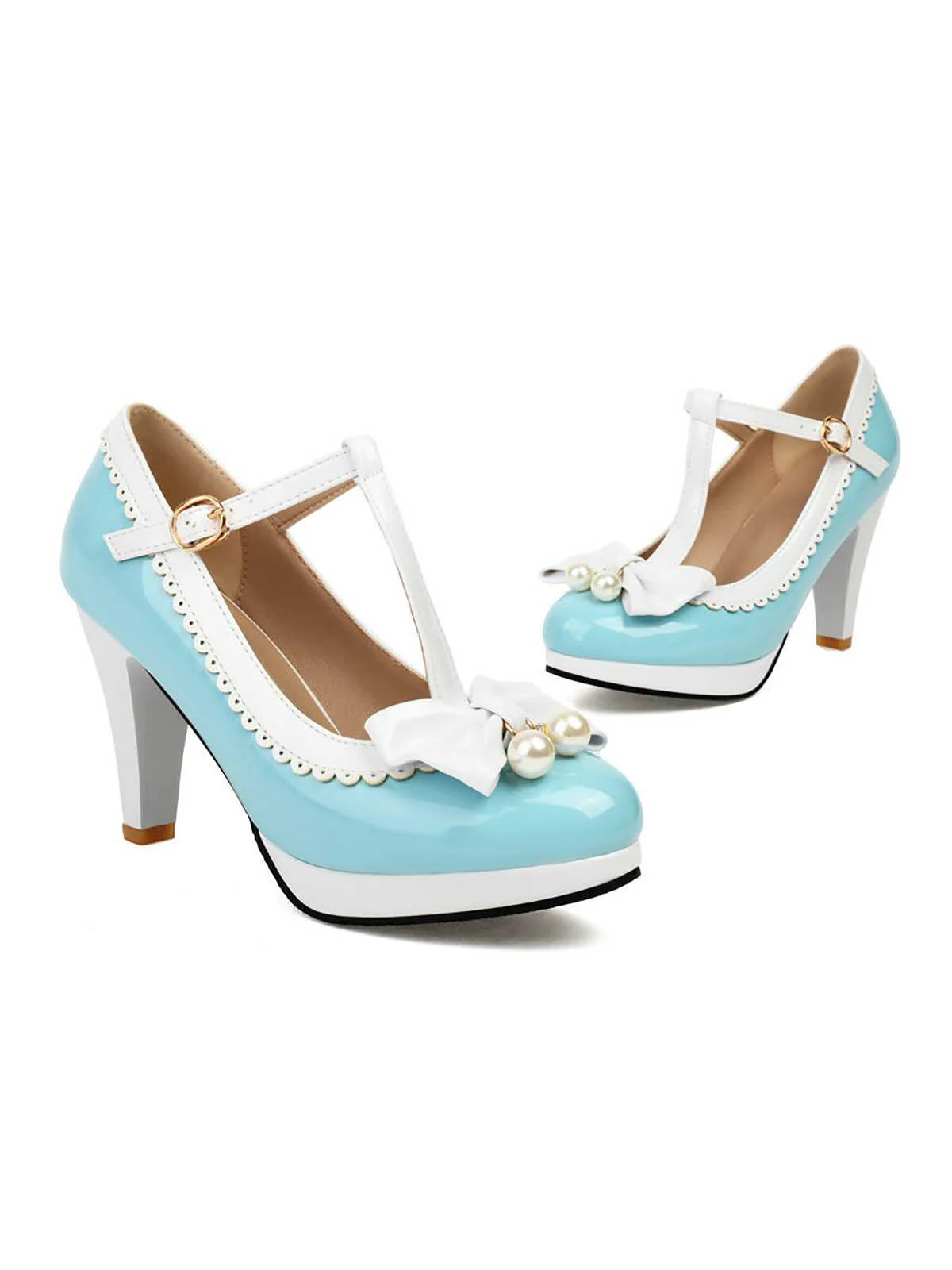 Retro Bow Pearl T-Strap Contrast High Heels Shoes - Image 11