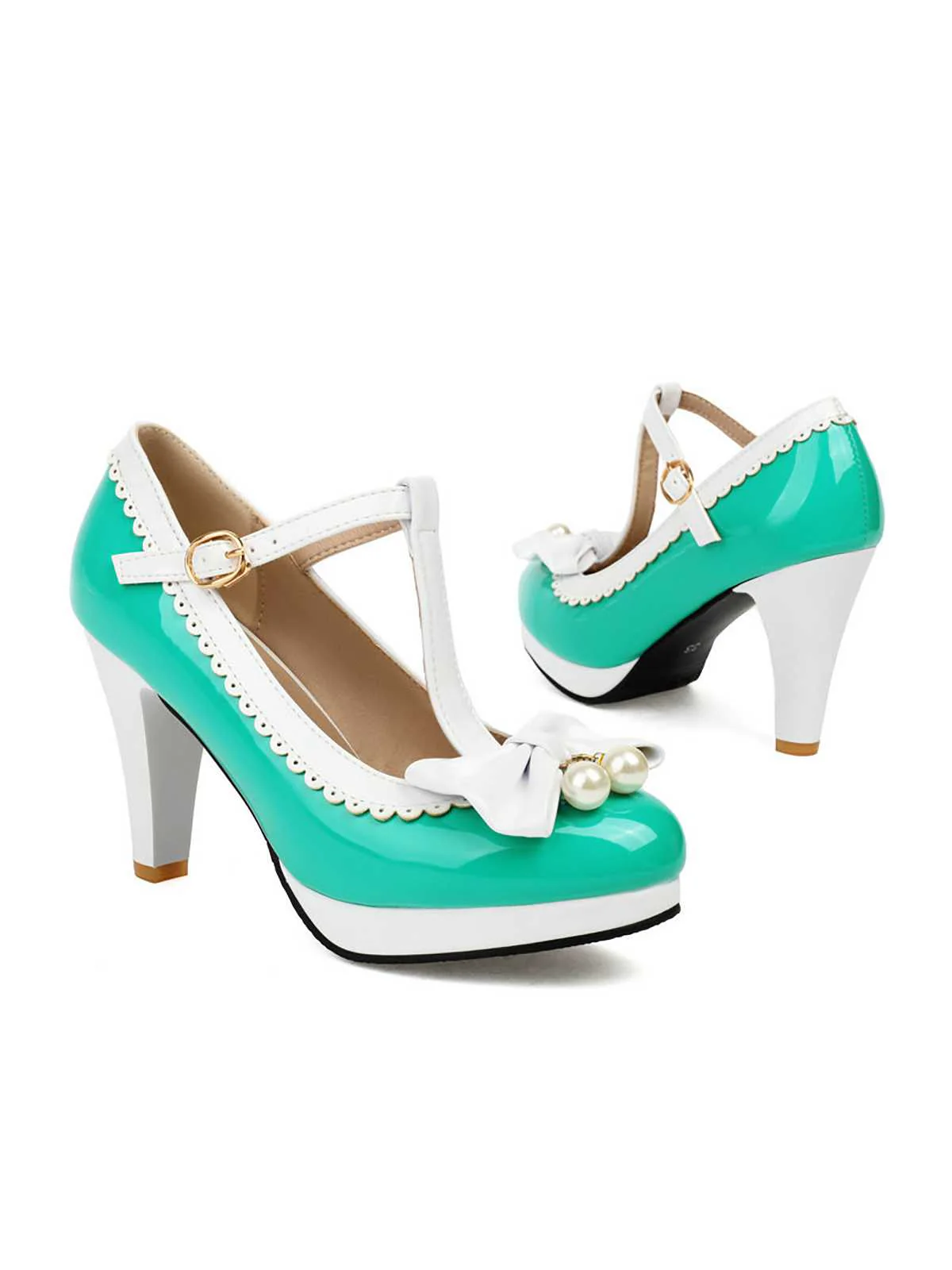 Retro Bow Pearl T-Strap Contrast High Heels Shoes - Image 13