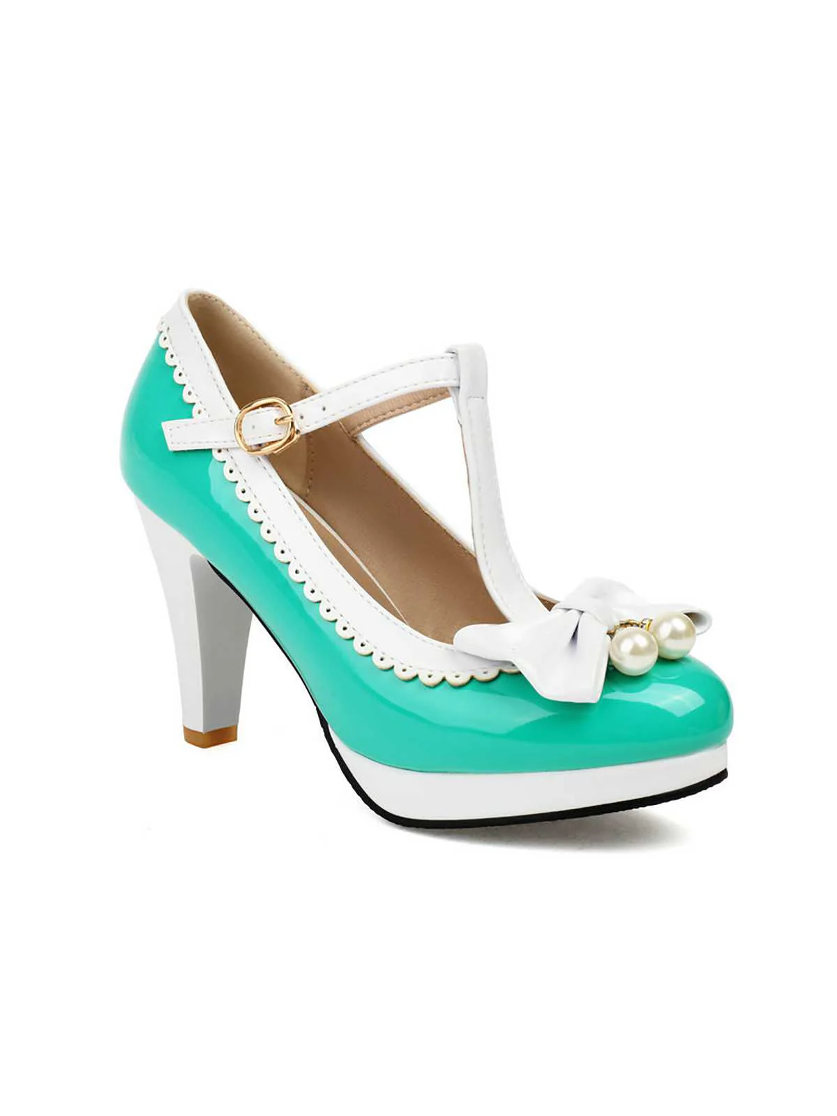 Retro Bow Pearl T-Strap Contrast High Heels Shoes - Image 14