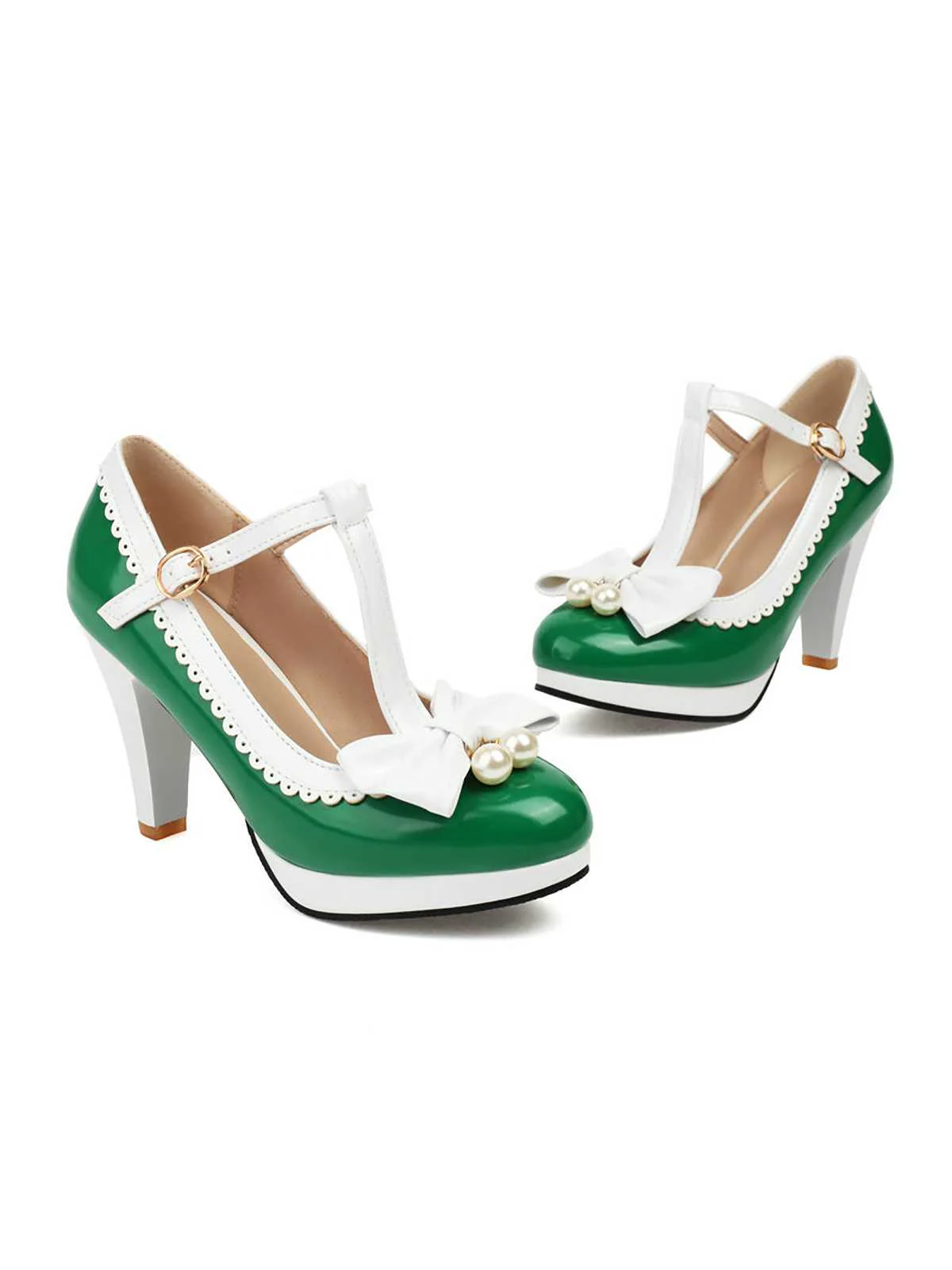 Retro Bow Pearl T-Strap Contrast High Heels Shoes - Image 15