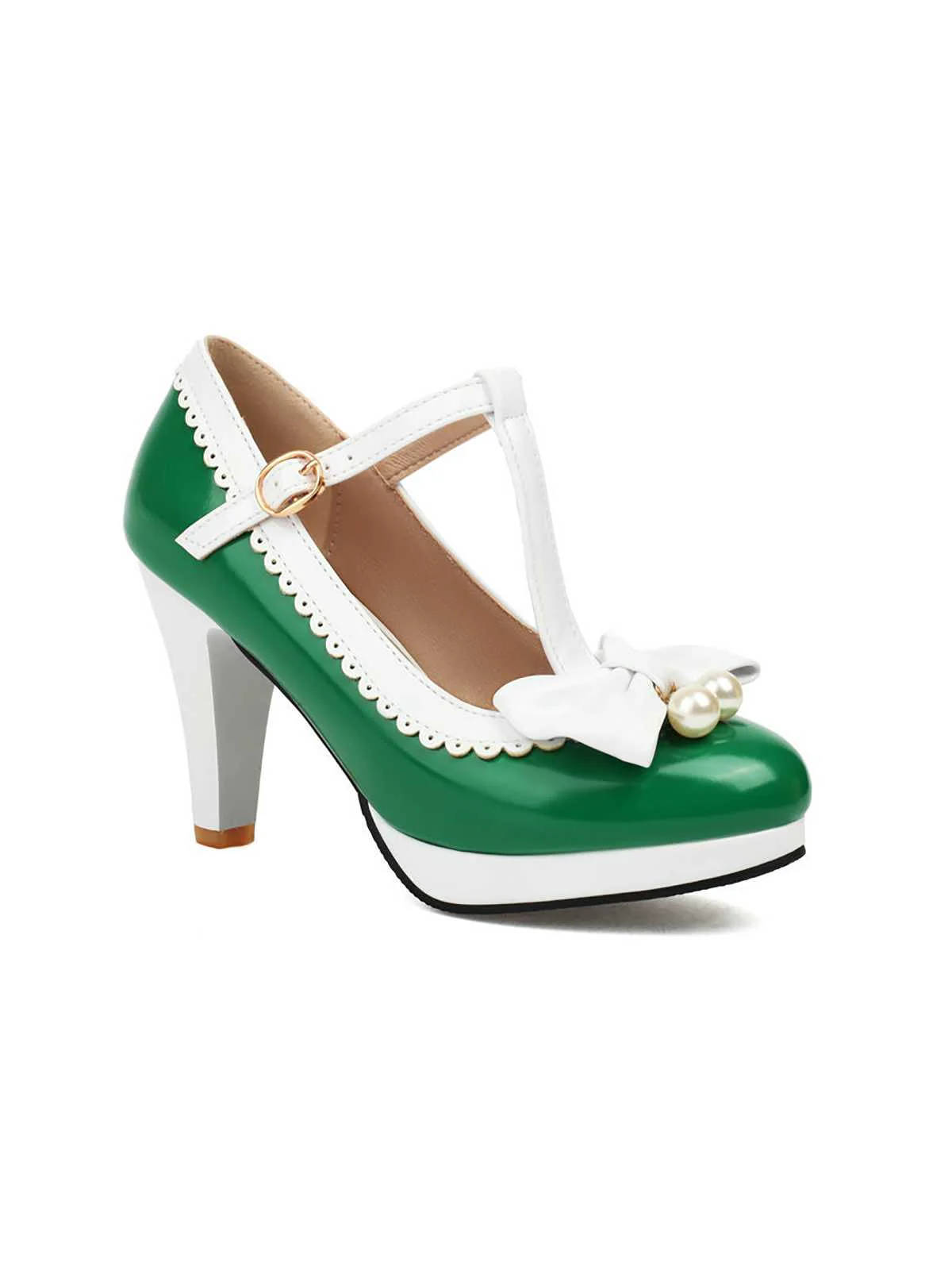 Retro Bow Pearl T-Strap Contrast High Heels Shoes - Image 16