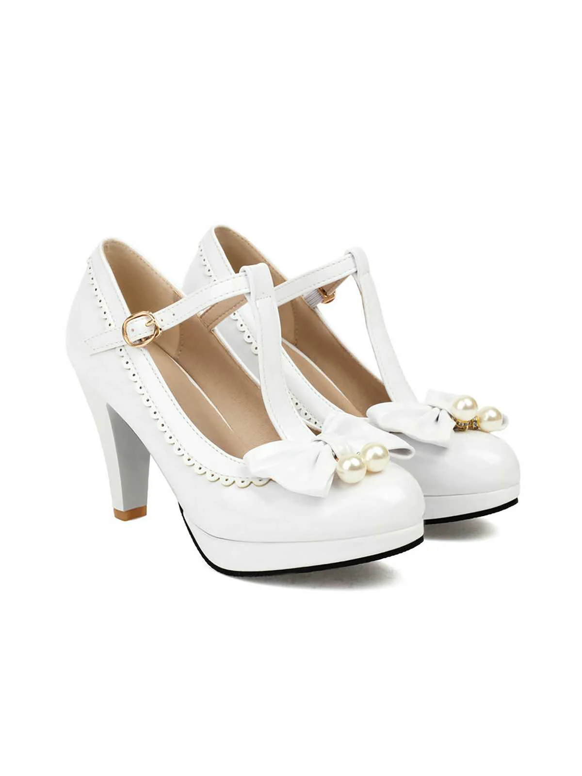 Retro Bow Pearl T-Strap Contrast High Heels Shoes - Image 17
