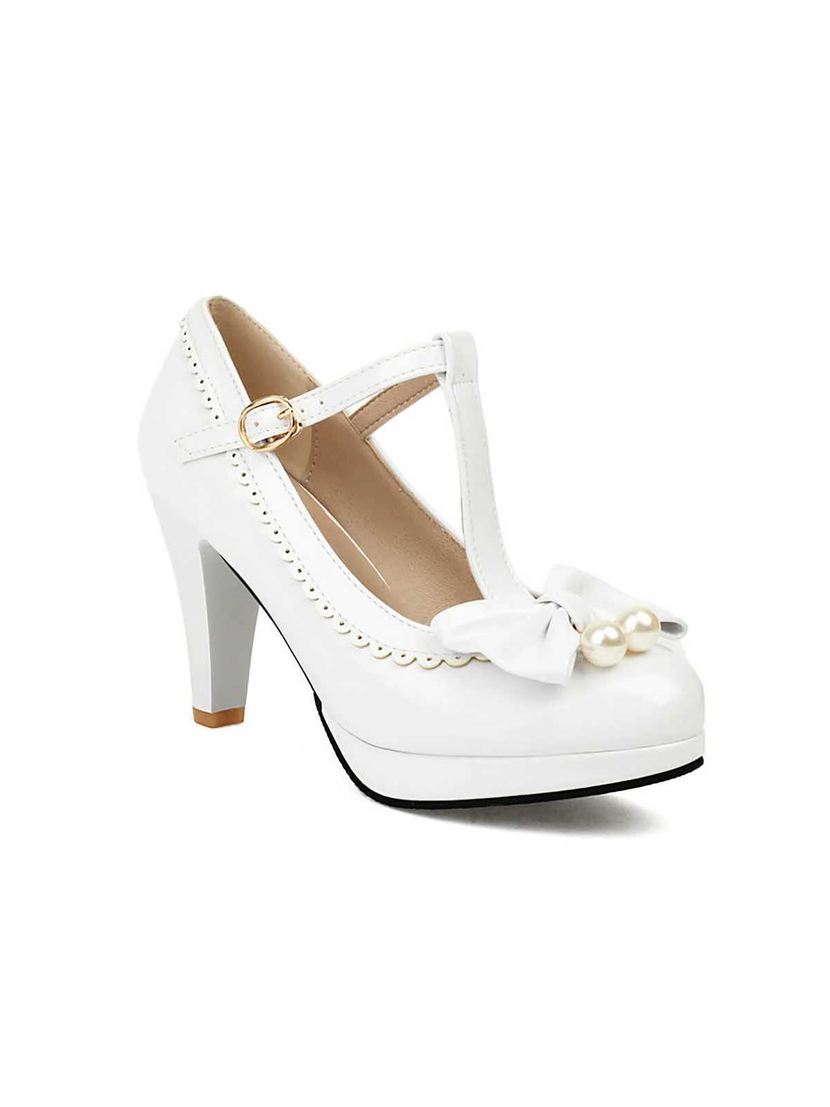 Retro Bow Pearl T-Strap Contrast High Heels Shoes - Image 18