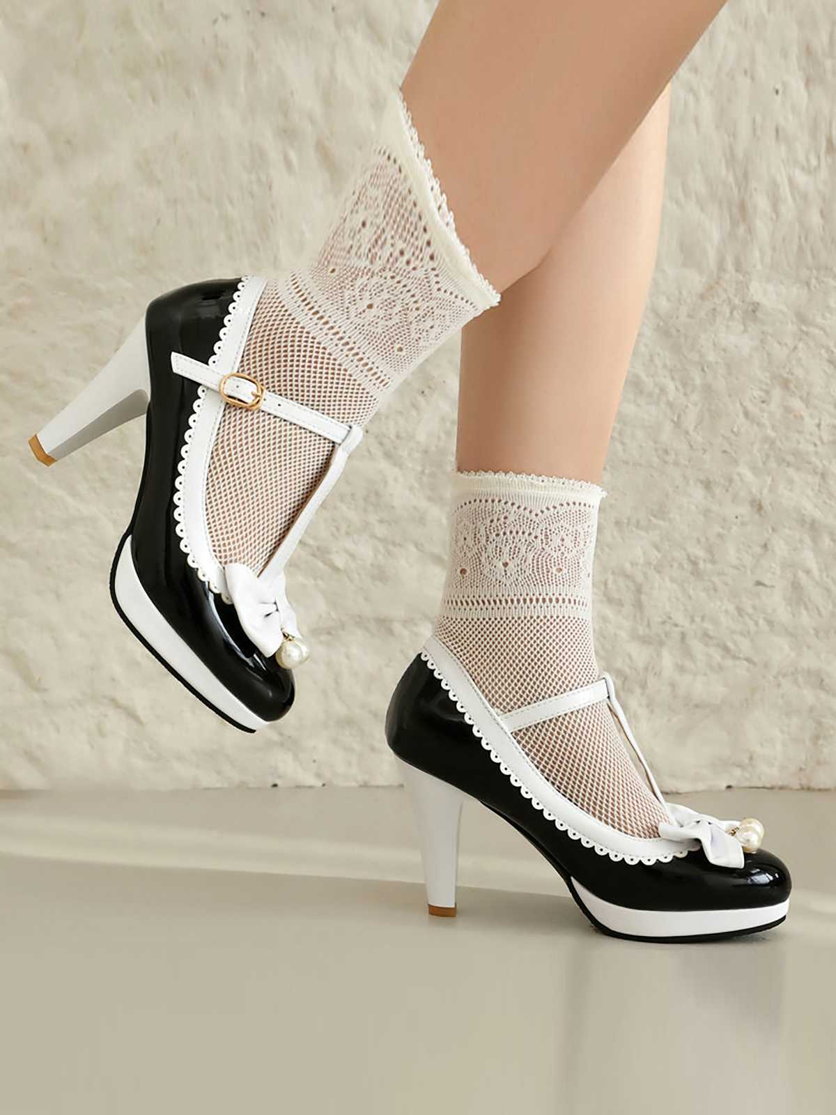 Retro Bow Pearl T-Strap Contrast High Heels Shoes - Image 2