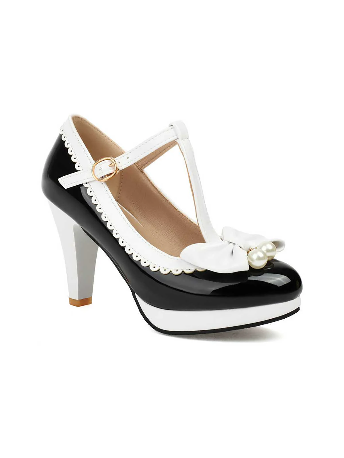 Retro Bow Pearl T-Strap Contrast High Heels Shoes - Image 3