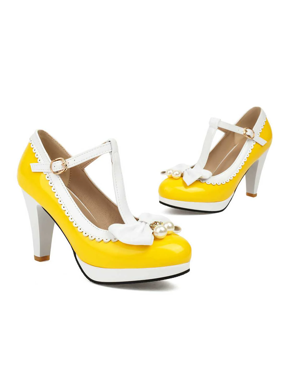 Retro Bow Pearl T-Strap Contrast High Heels Shoes - Image 4