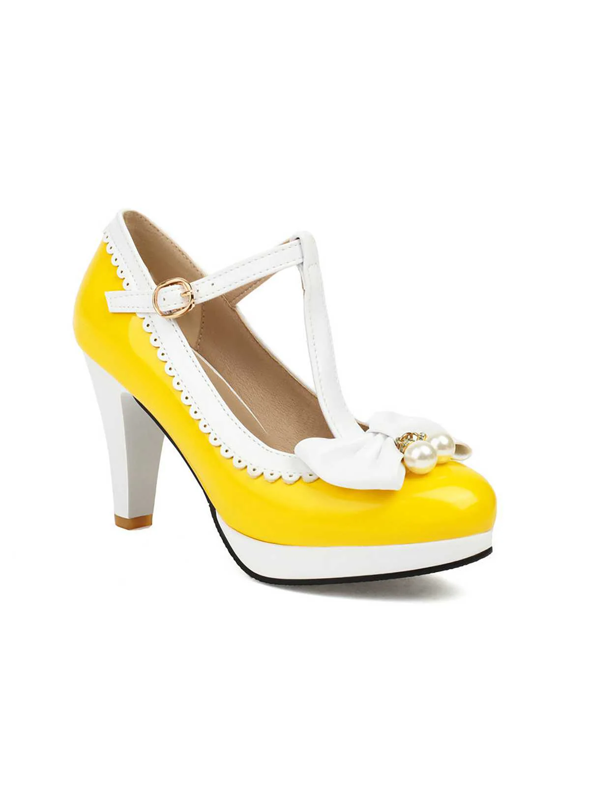 Retro Bow Pearl T-Strap Contrast High Heels Shoes - Image 5