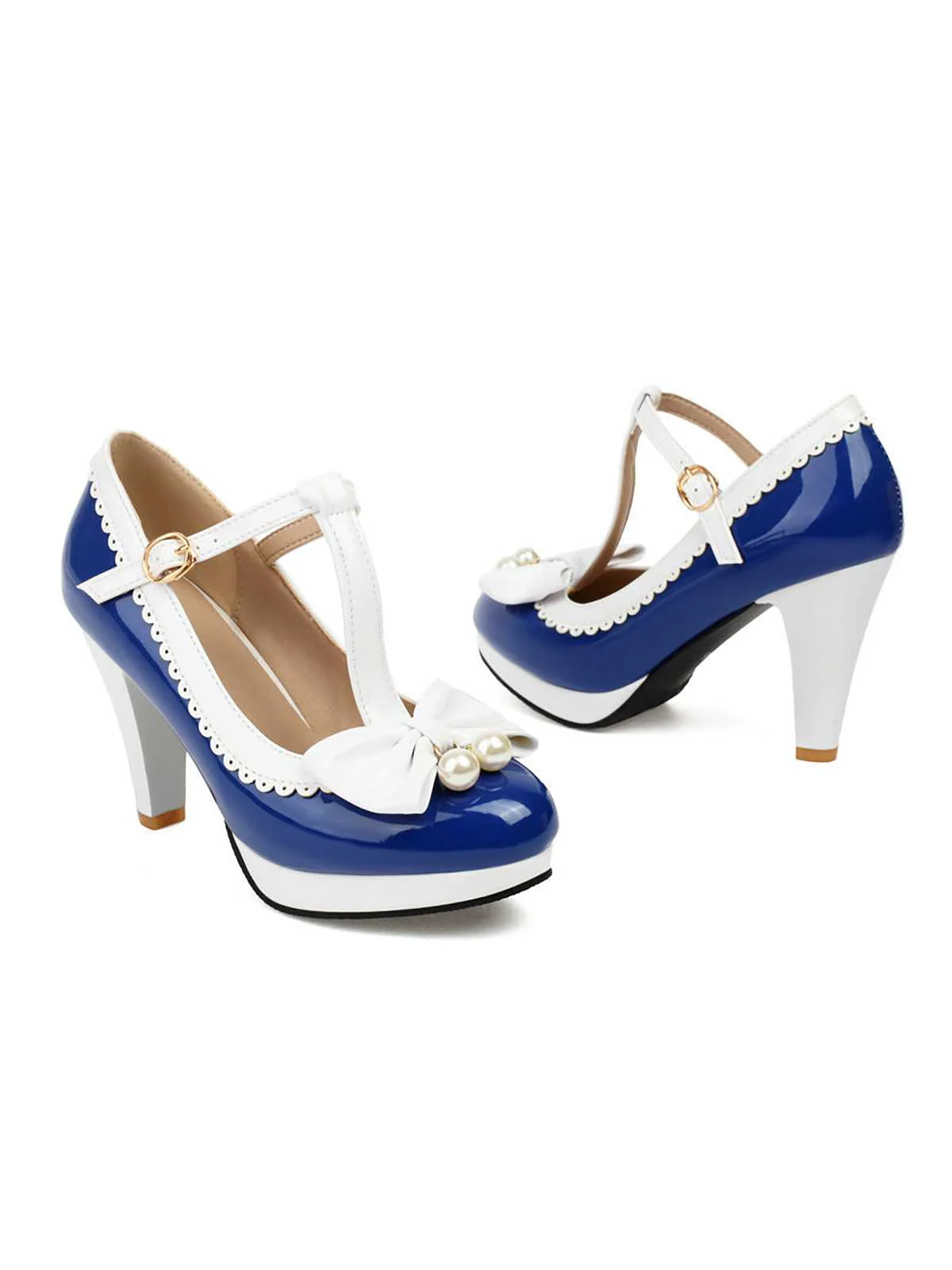 Retro Bow Pearl T-Strap Contrast High Heels Shoes - Image 6
