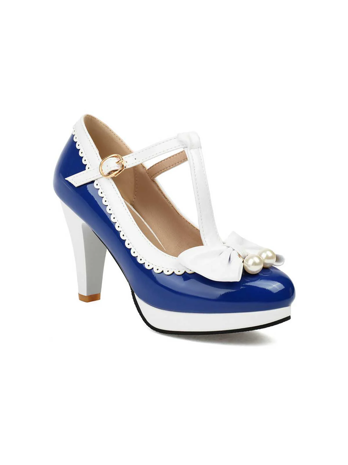Retro Bow Pearl T-Strap Contrast High Heels Shoes - Image 7