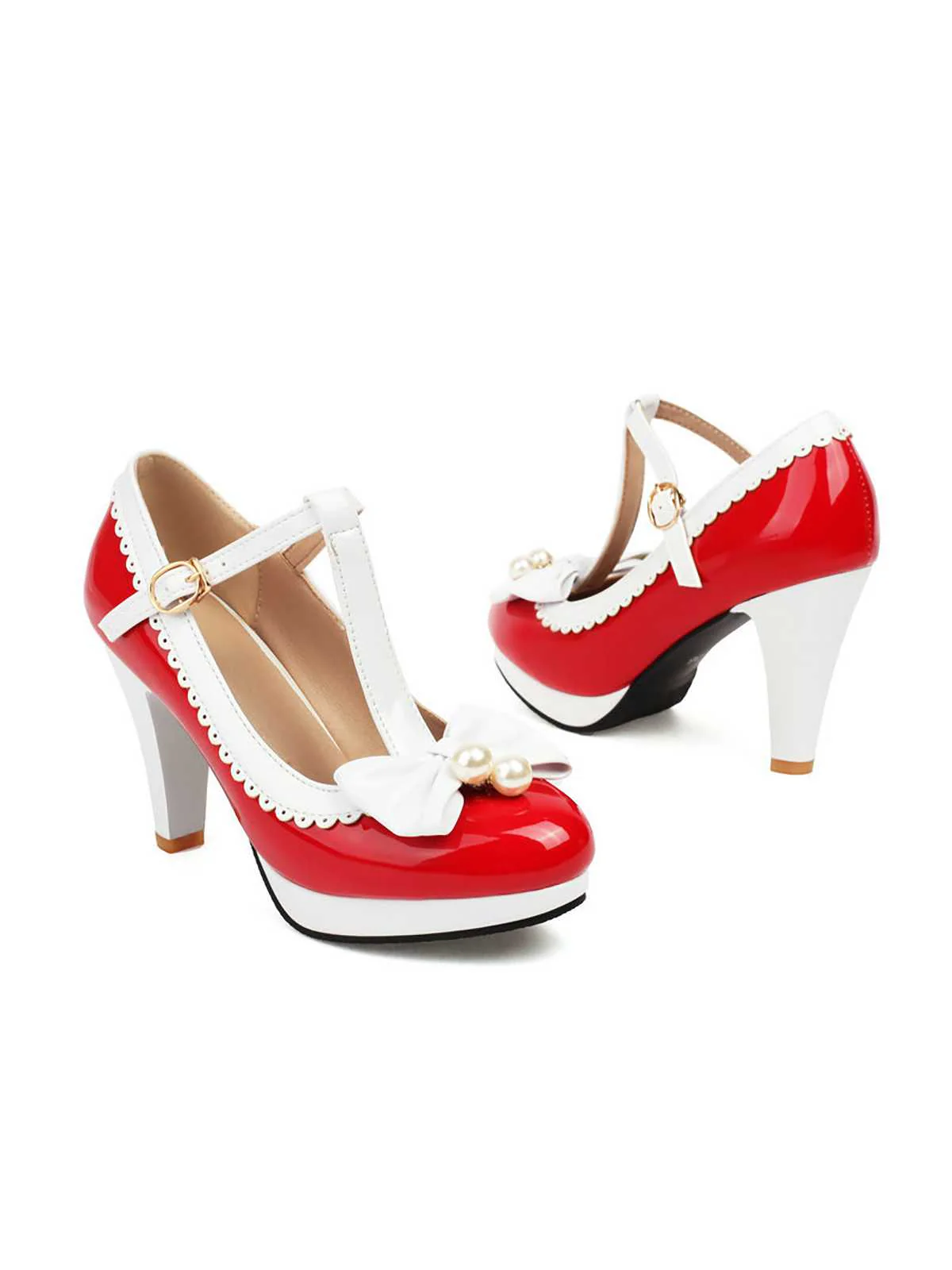 Retro Bow Pearl T-Strap Contrast High Heels Shoes - Image 8
