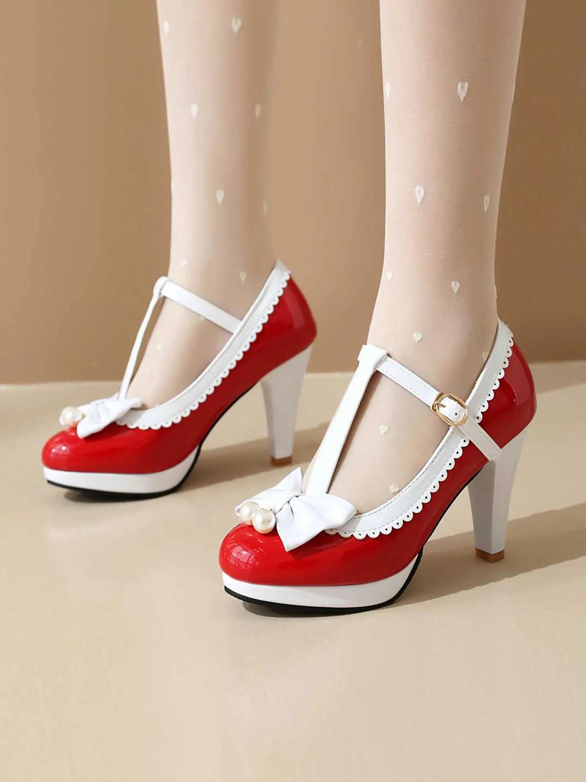 Retro Bow Pearl T-Strap Contrast High Heels Shoes - Image 9