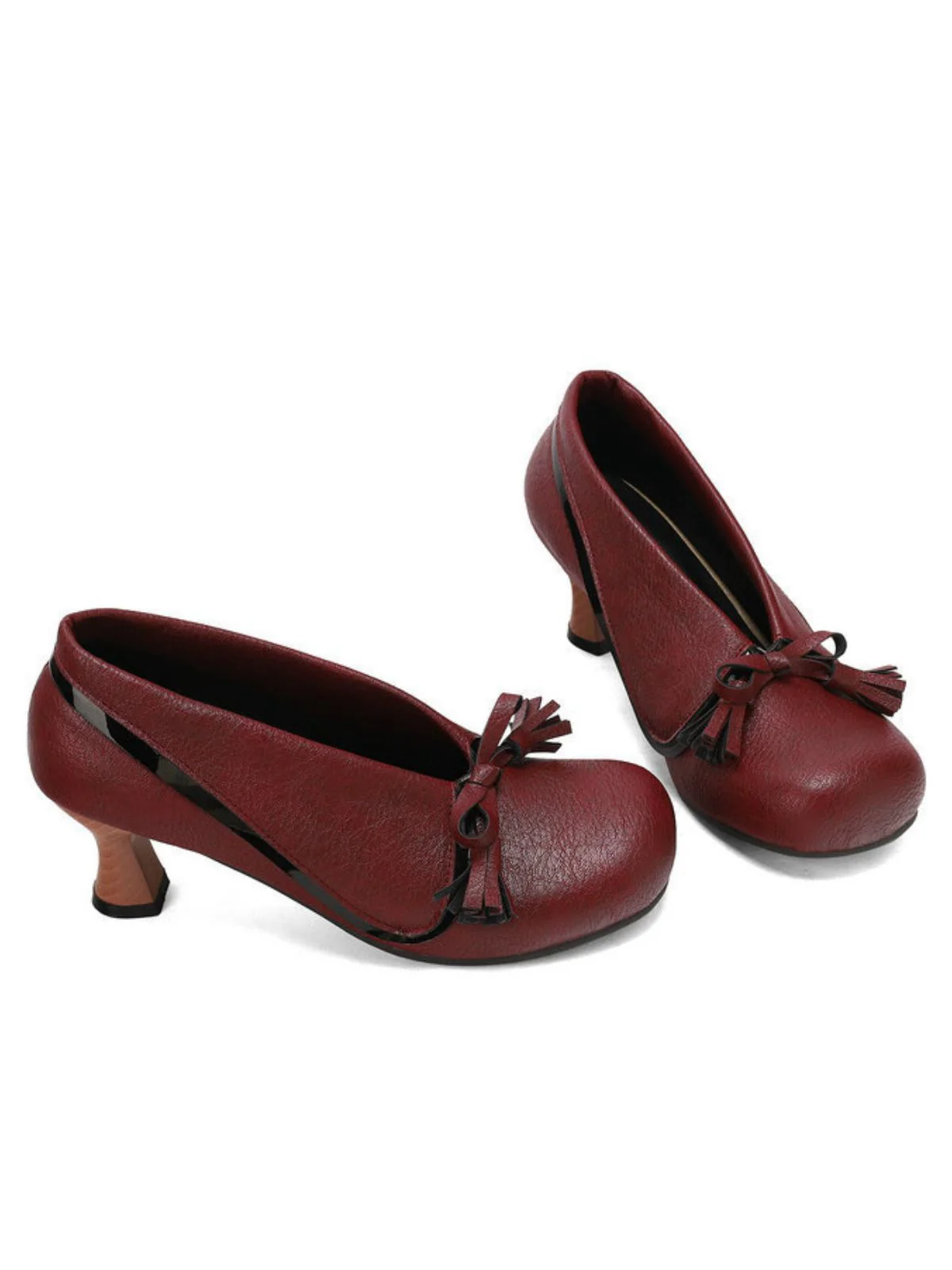 Retro Bow PU Round-Toe Chunky Heel Shoes - Image 11