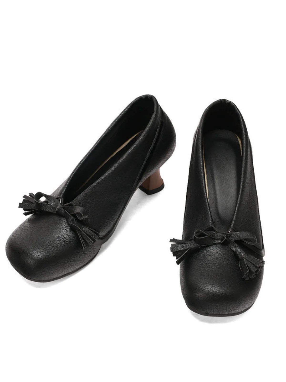 Retro Bow PU Round-Toe Chunky Heel Shoes - Image 15