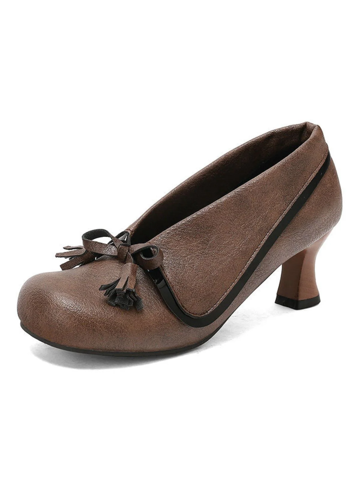 Retro Bow PU Round-Toe Chunky Heel Shoes - Image 18