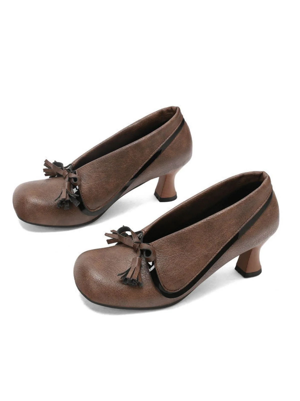 Retro Bow PU Round-Toe Chunky Heel Shoes - Image 19