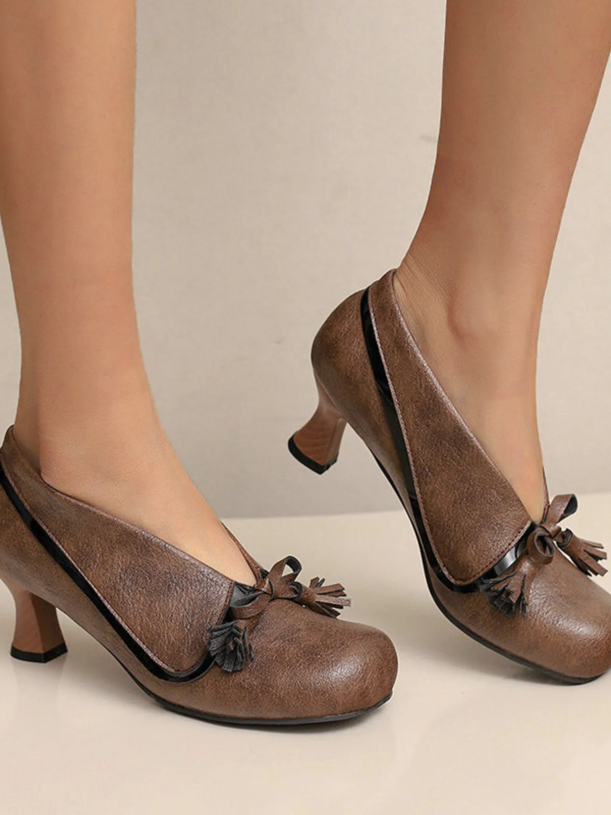 Retro Bow PU Round-Toe Chunky Heel Shoes - Image 21