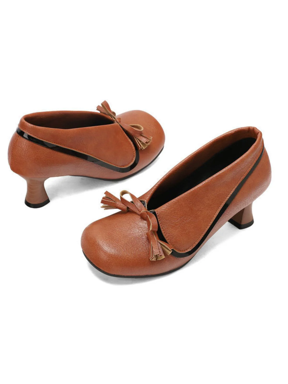 Retro Bow PU Round-Toe Chunky Heel Shoes - Image 23