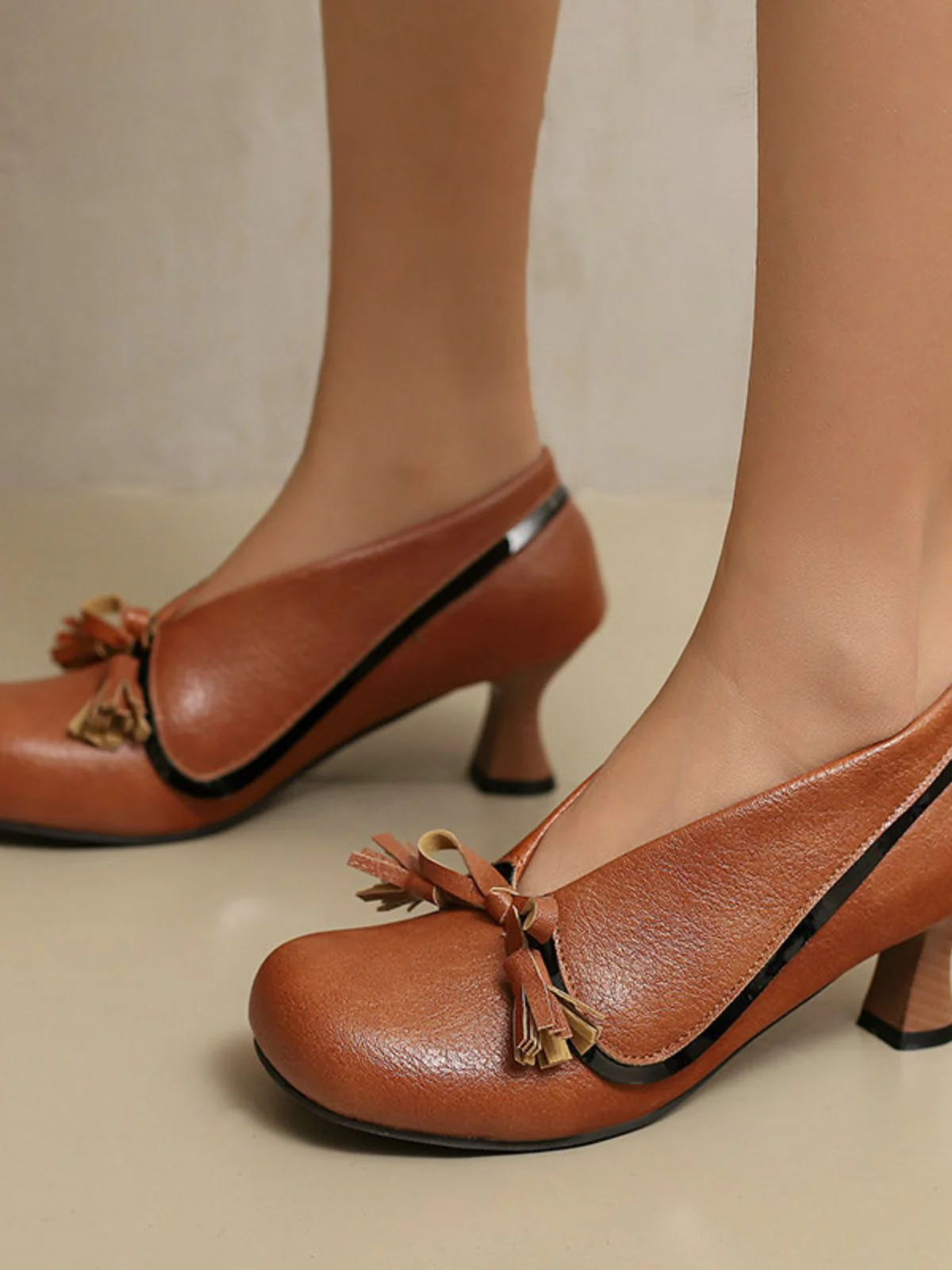 Retro Bow PU Round-Toe Chunky Heel Shoes - Image 24
