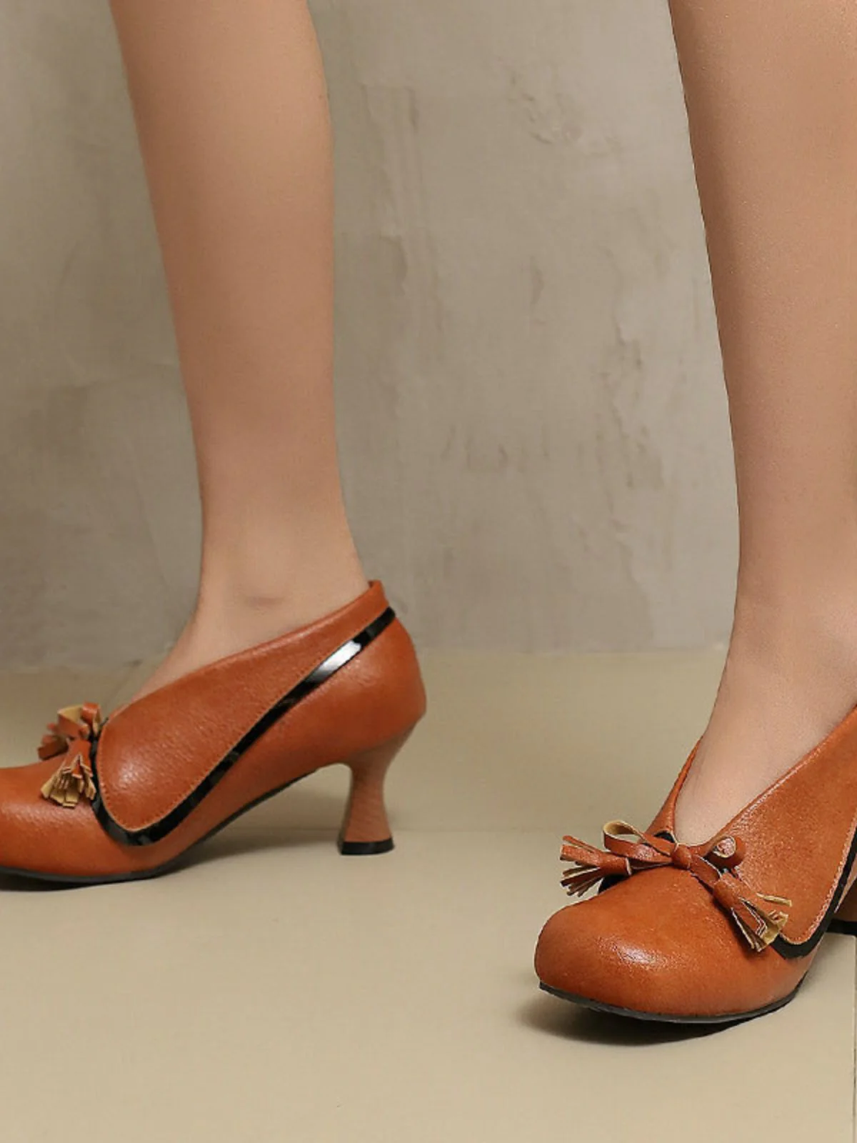 Retro Bow PU Round-Toe Chunky Heel Shoes - Image 26