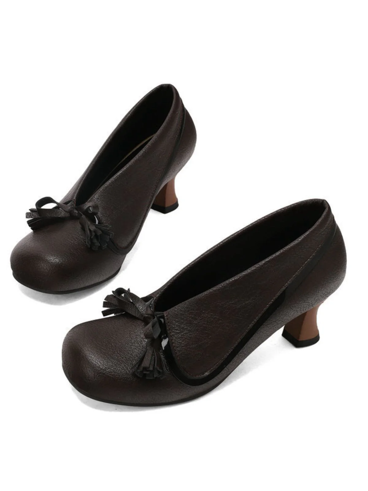 Retro Bow PU Round-Toe Chunky Heel Shoes - Image 6