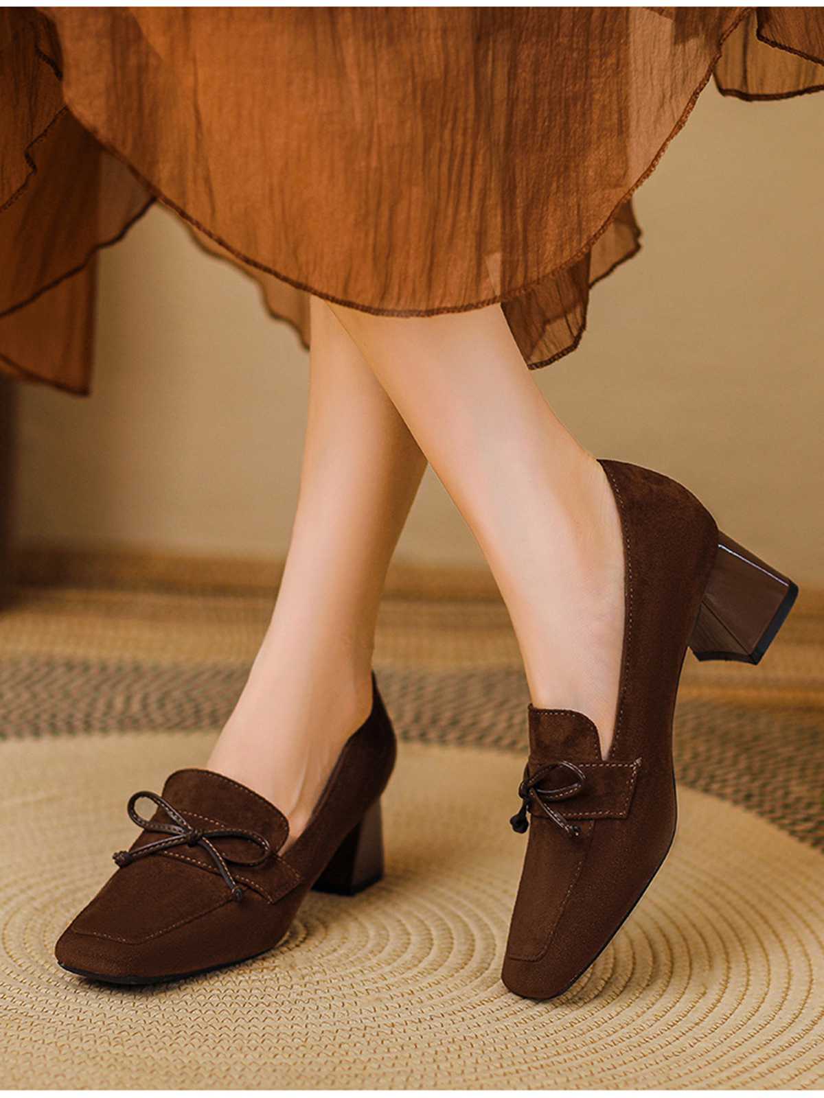 Retro Bow Square Toe High Heels Shoes - Image 2