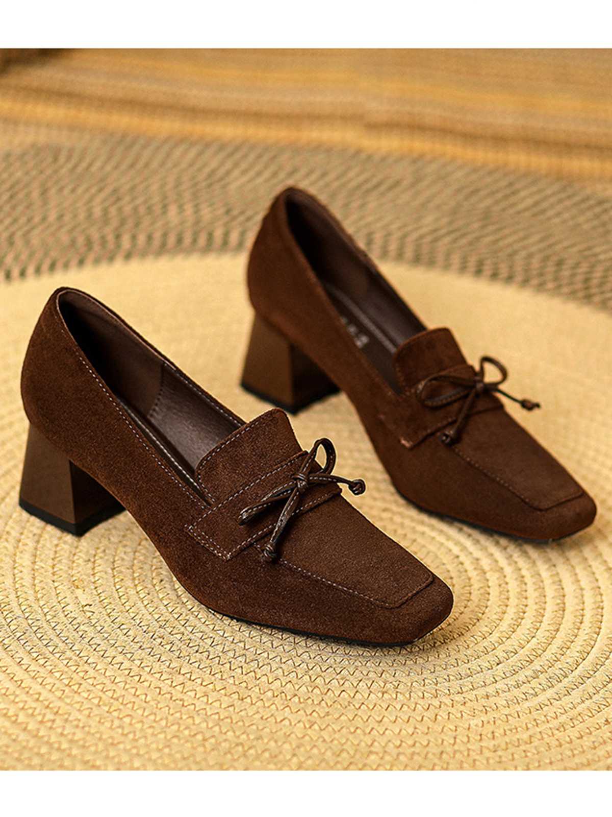 Retro Bow Square Toe High Heels Shoes - Image 3