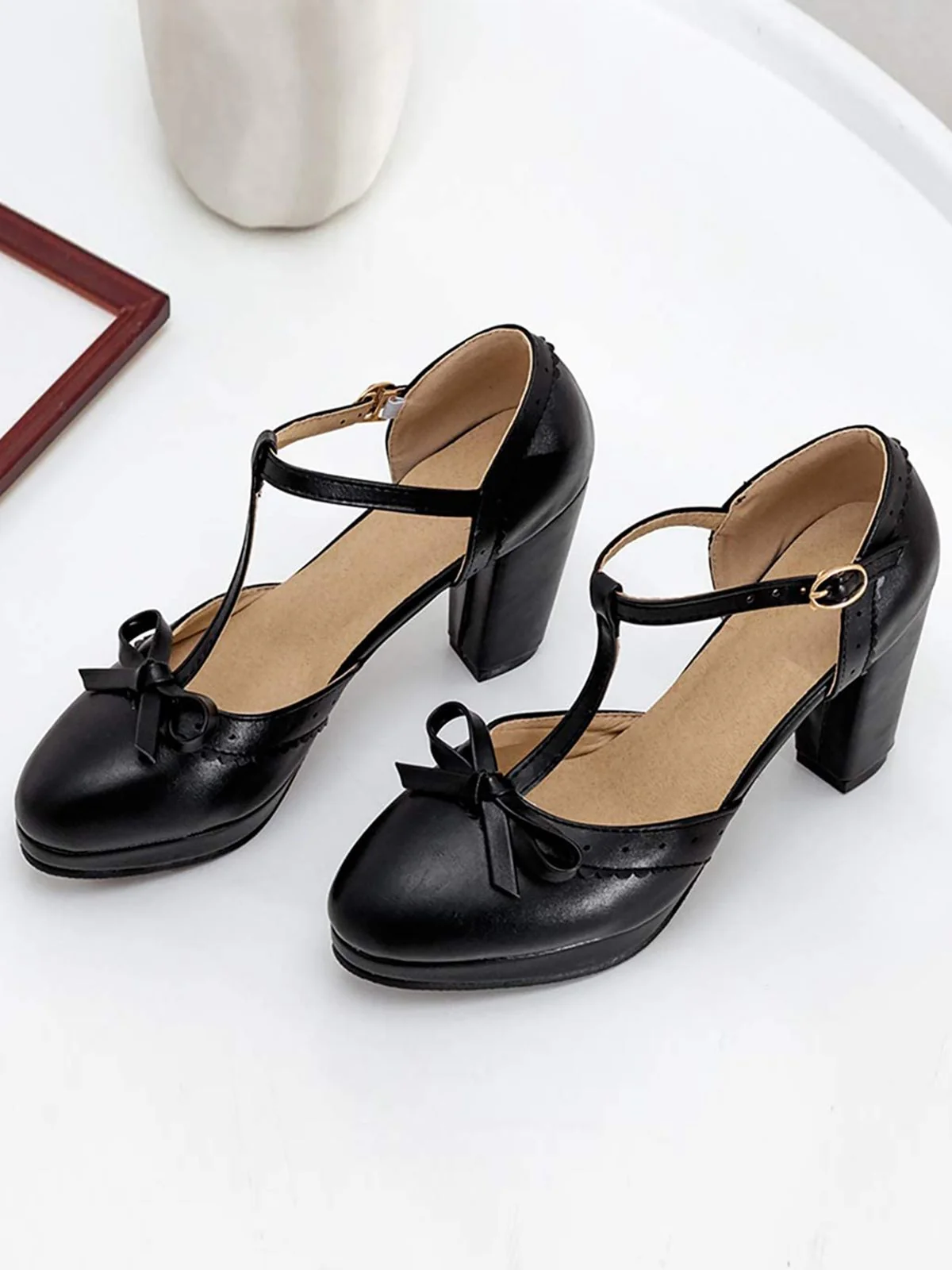 Retro Bow T-Strap High Heels Shoes - Image 5