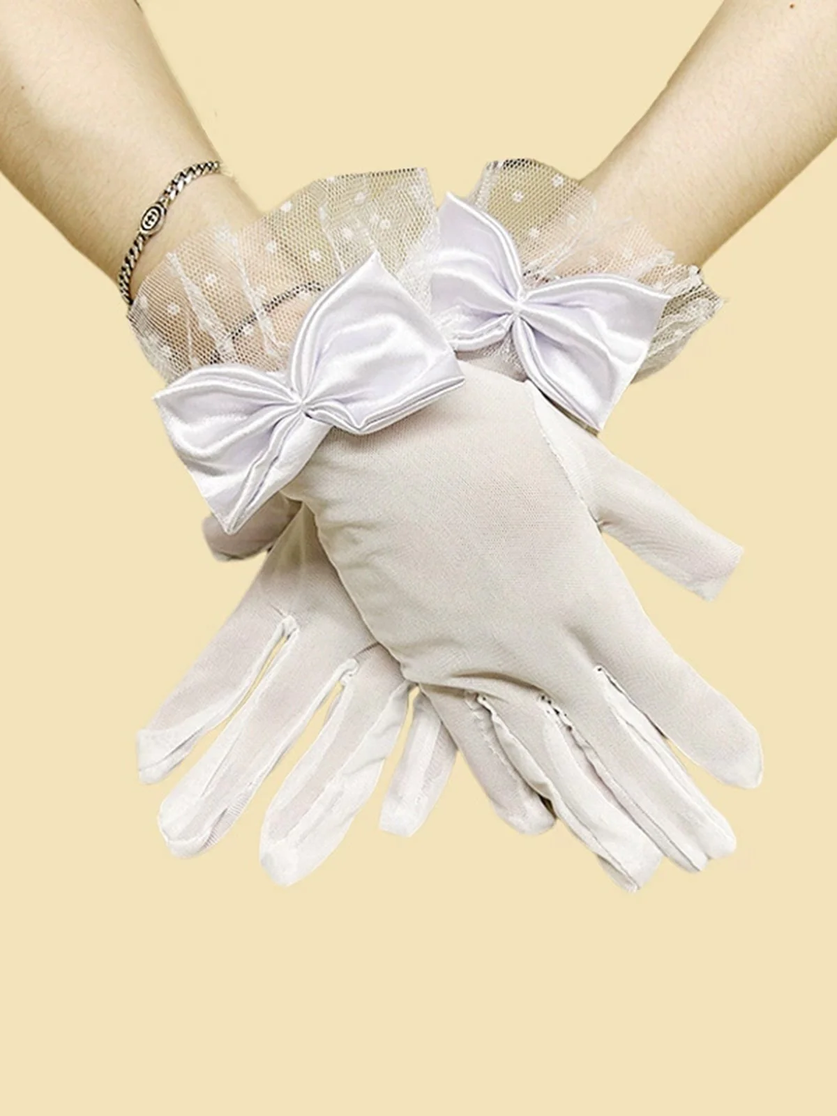 Retro Dots Mesh Bow Sheer Gloves - Image 2