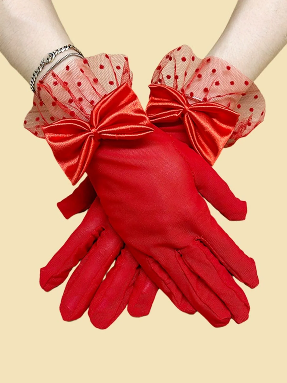 Retro Dots Mesh Bow Sheer Gloves - Image 3