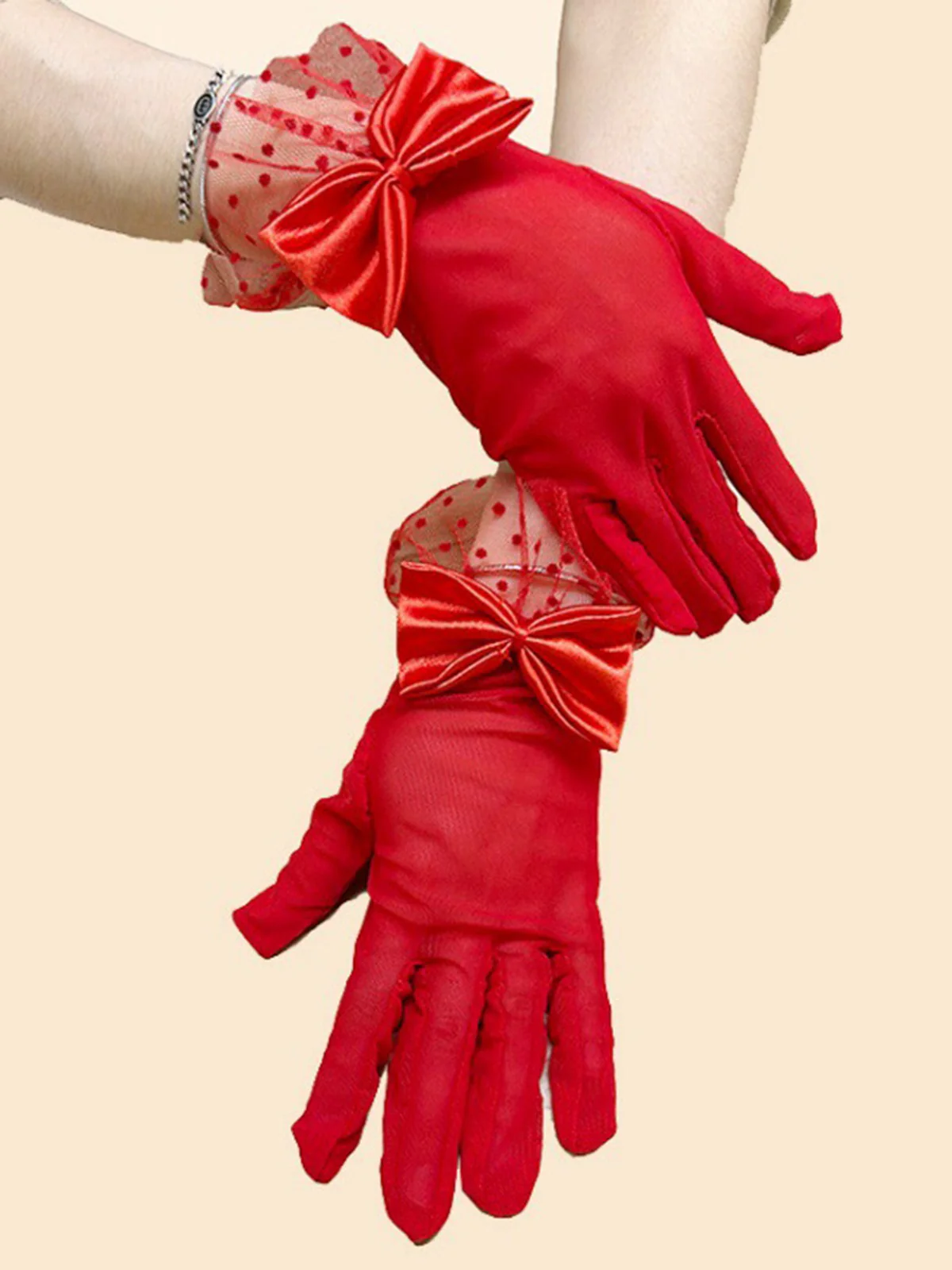 Retro Dots Mesh Bow Sheer Gloves - Image 4