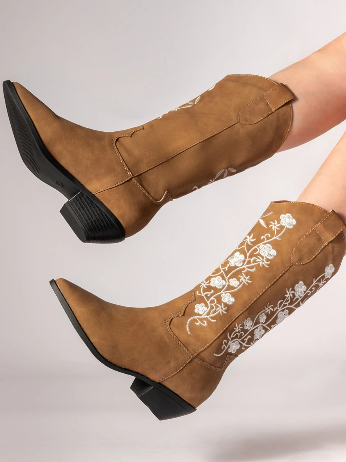 Retro Embroidered Flower Leather Cowboy Boots - Image 2