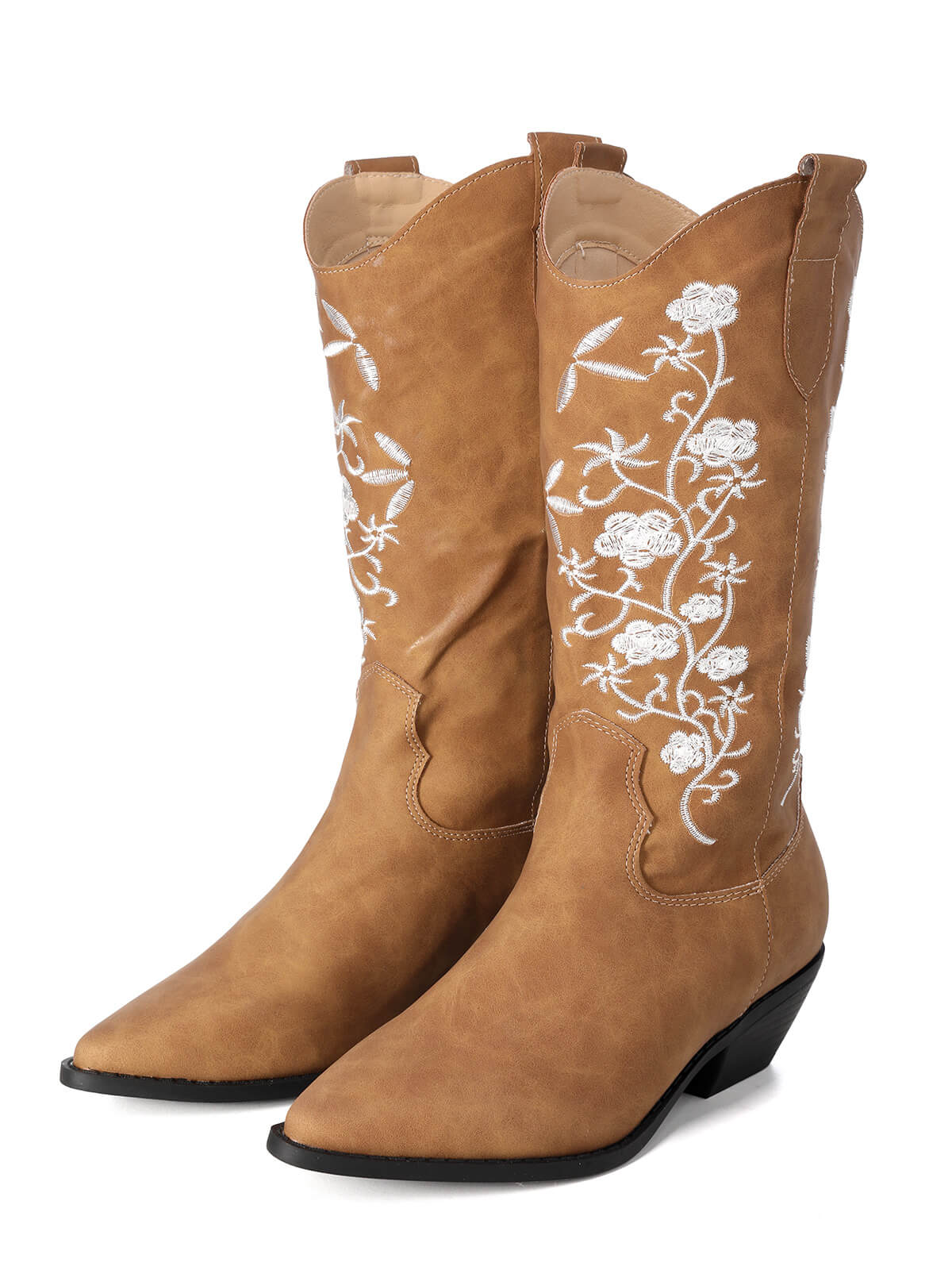 Retro Embroidered Flower Leather Cowboy Boots - Image 3