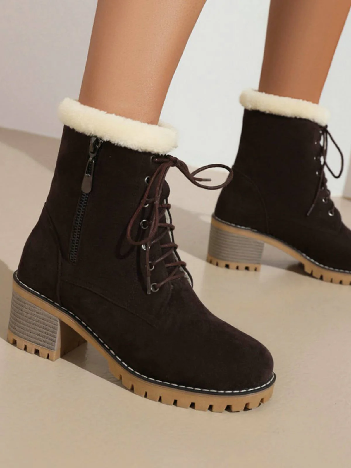 Retro Fleece Solid Color Chunky Heel Boots - Image 13