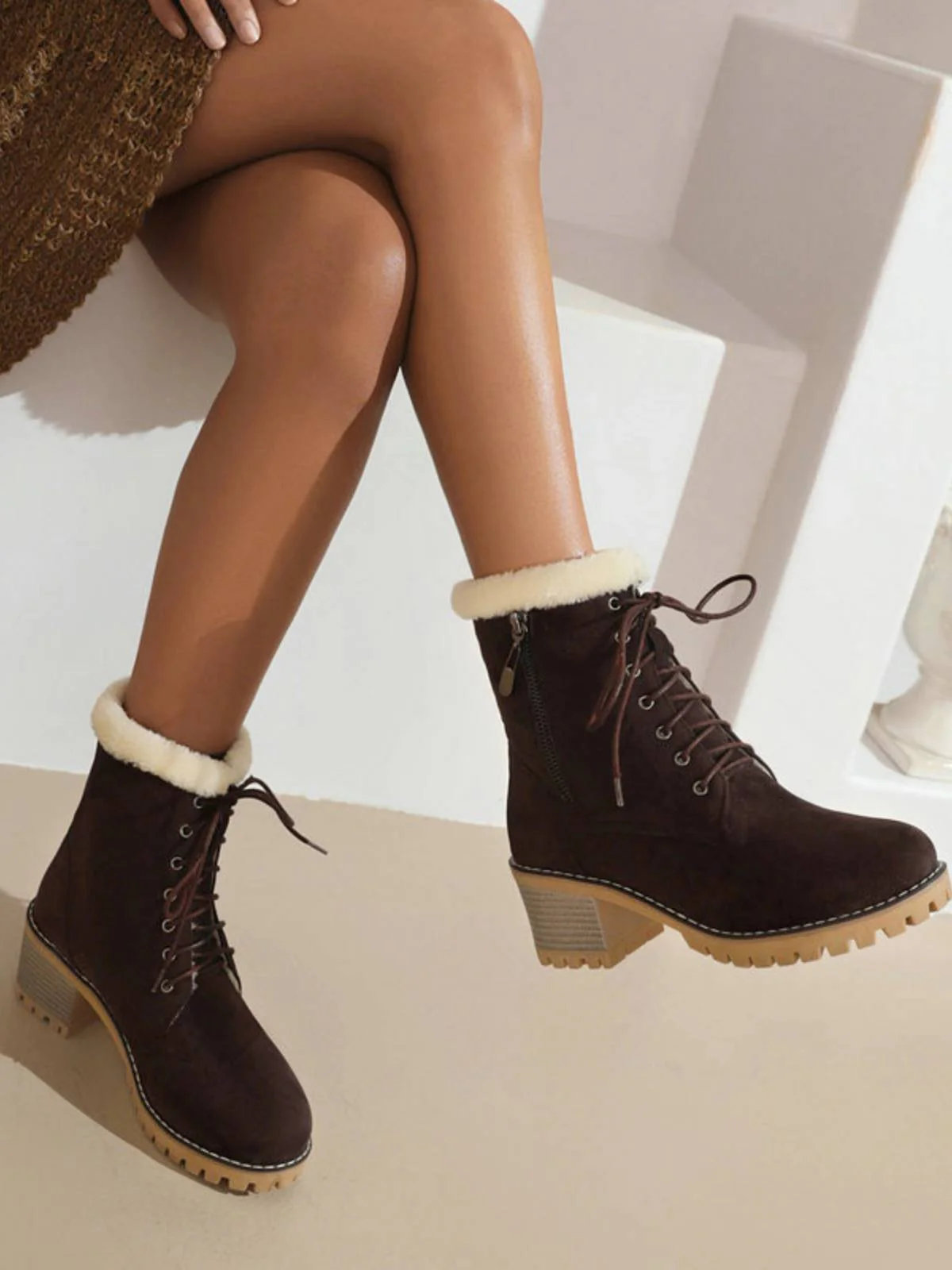 Retro Fleece Solid Color Chunky Heel Boots - Image 14