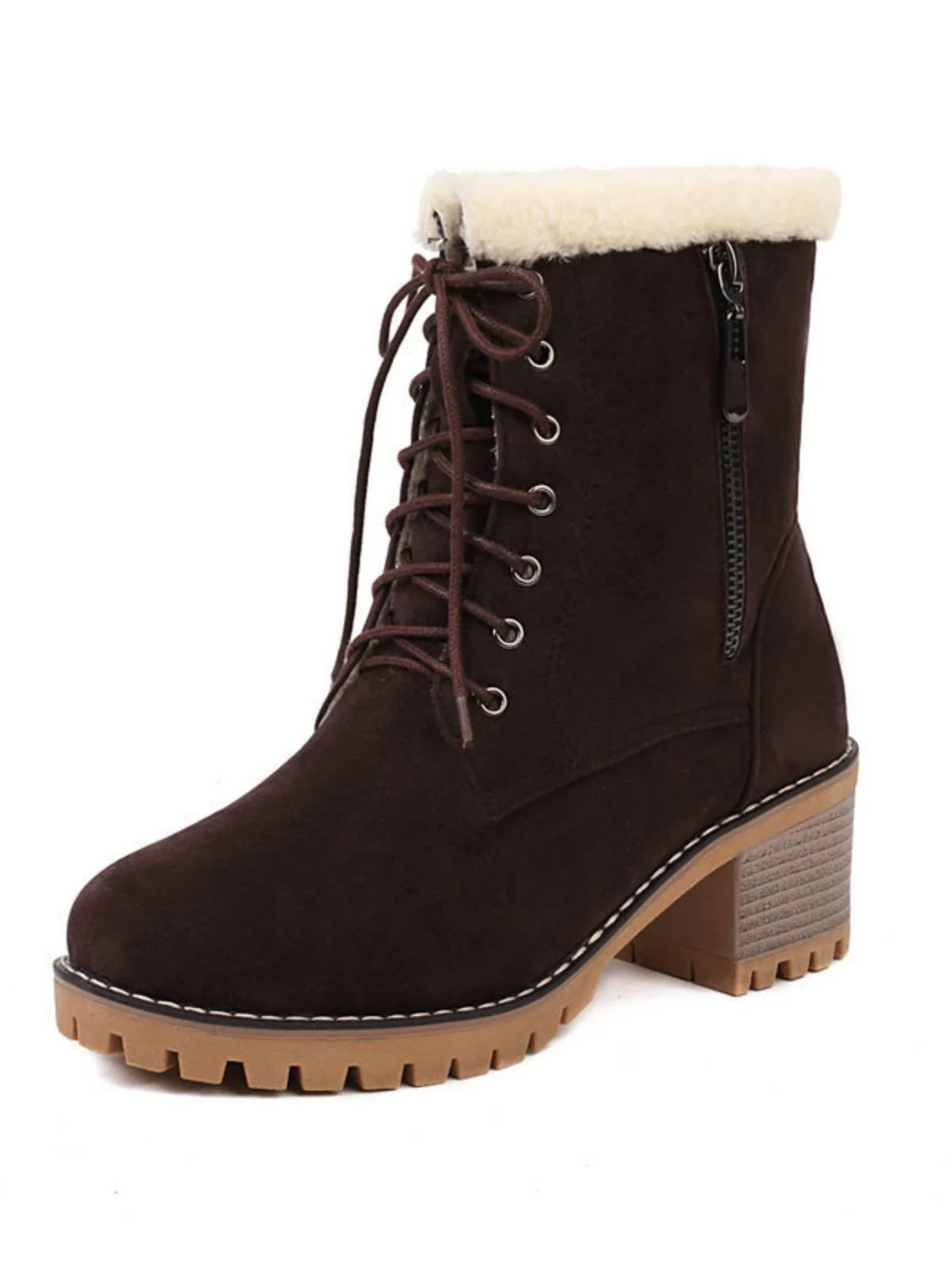 Retro Fleece Solid Color Chunky Heel Boots - Image 2