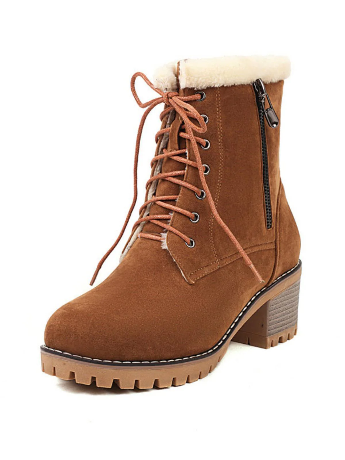 Retro Fleece Solid Color Chunky Heel Boots - Image 3