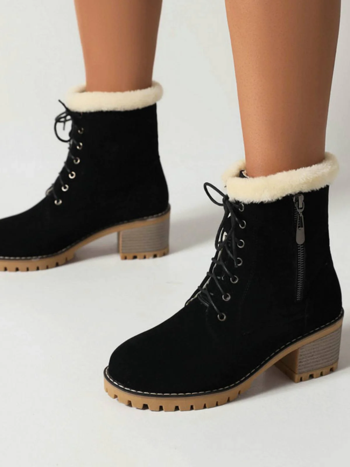 Retro Fleece Solid Color Chunky Heel Boots - Image 6