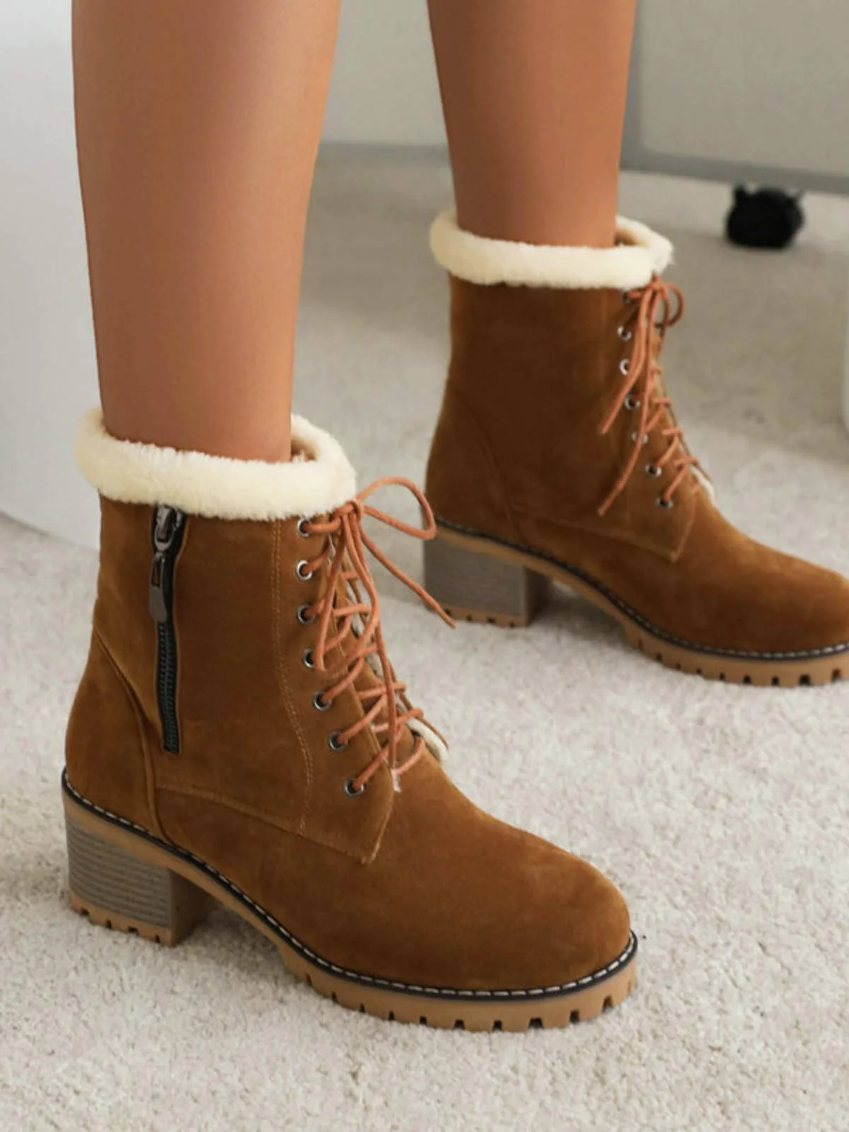 Retro Fleece Solid Color Chunky Heel Boots - Image 8