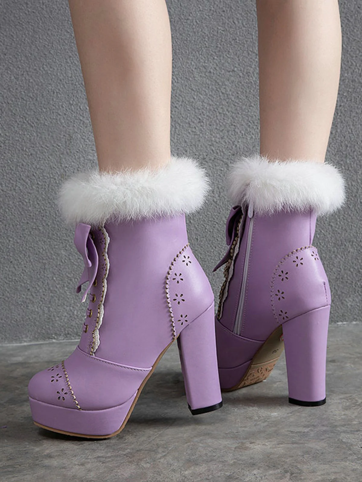 Retro Furry Bowknot Chunky Heel Snow Boots - Image 11