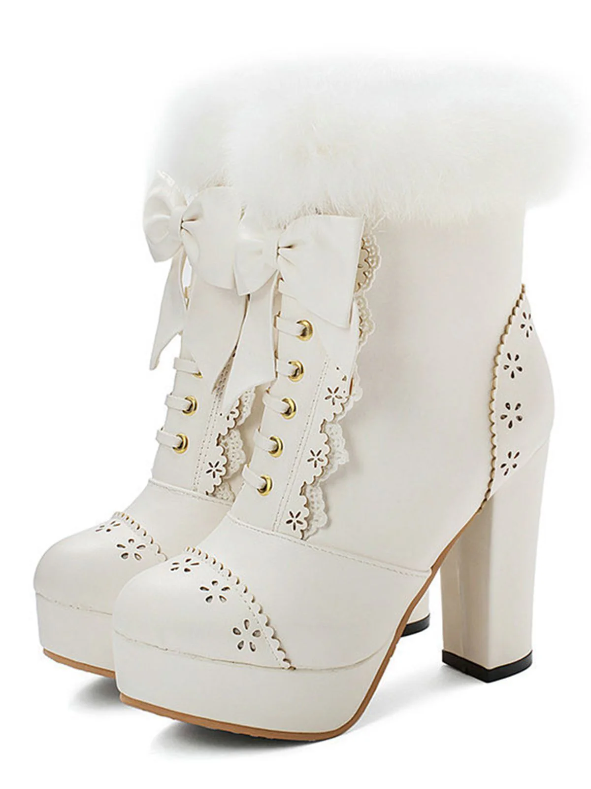 Retro Furry Bowknot Chunky Heel Snow Boots - Image 4