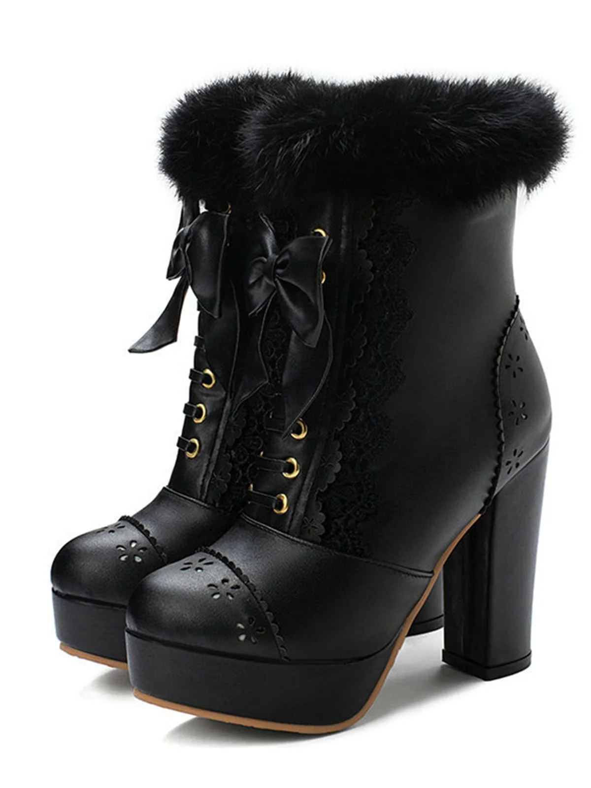 Retro Furry Bowknot Chunky Heel Snow Boots - Image 6
