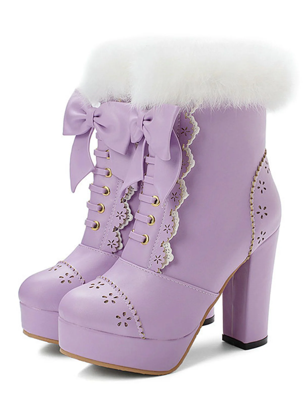 Retro Furry Bowknot Chunky Heel Snow Boots - Image 10