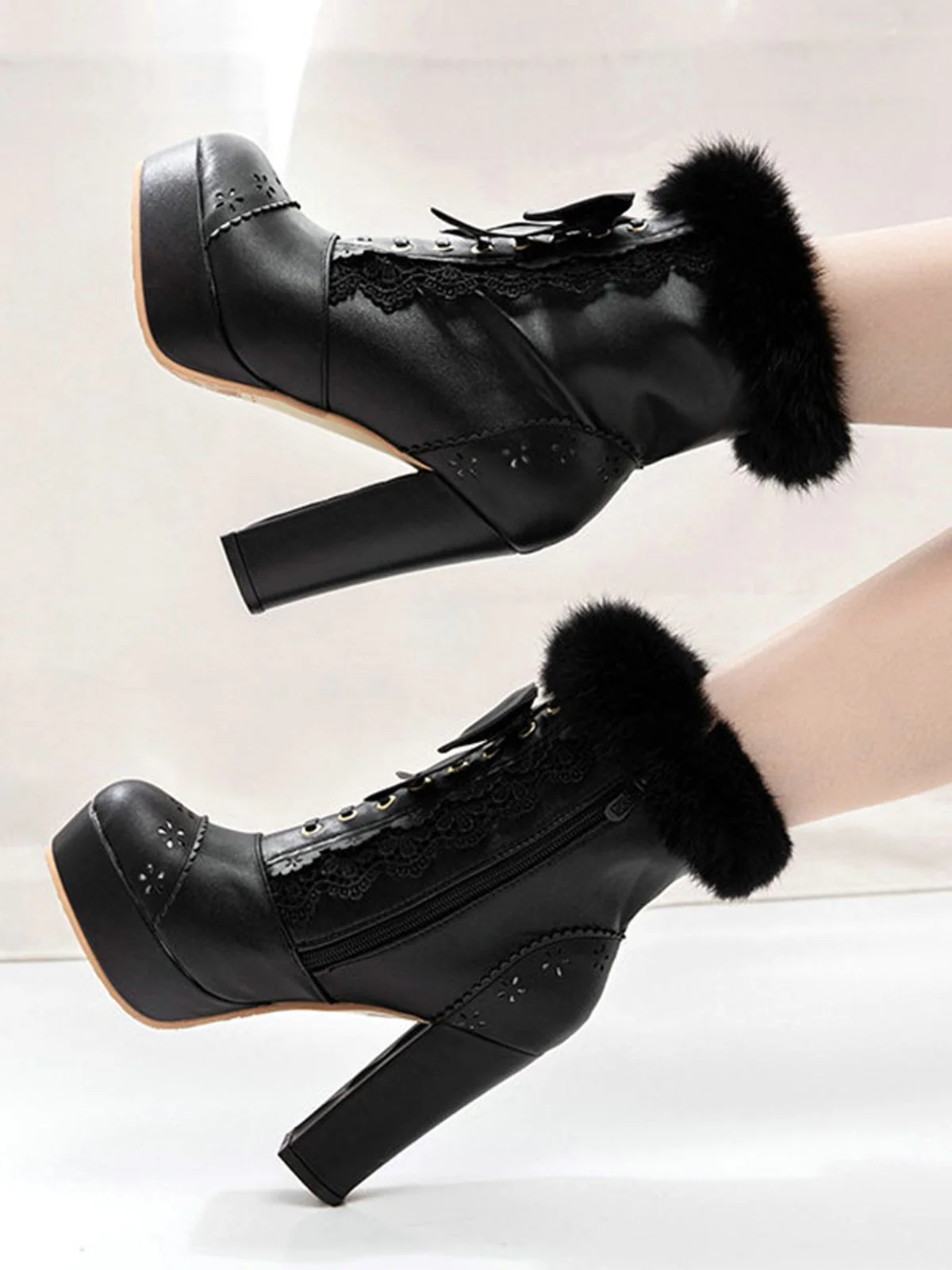 Retro Furry Bowknot Chunky Heel Snow Boots - Image 2