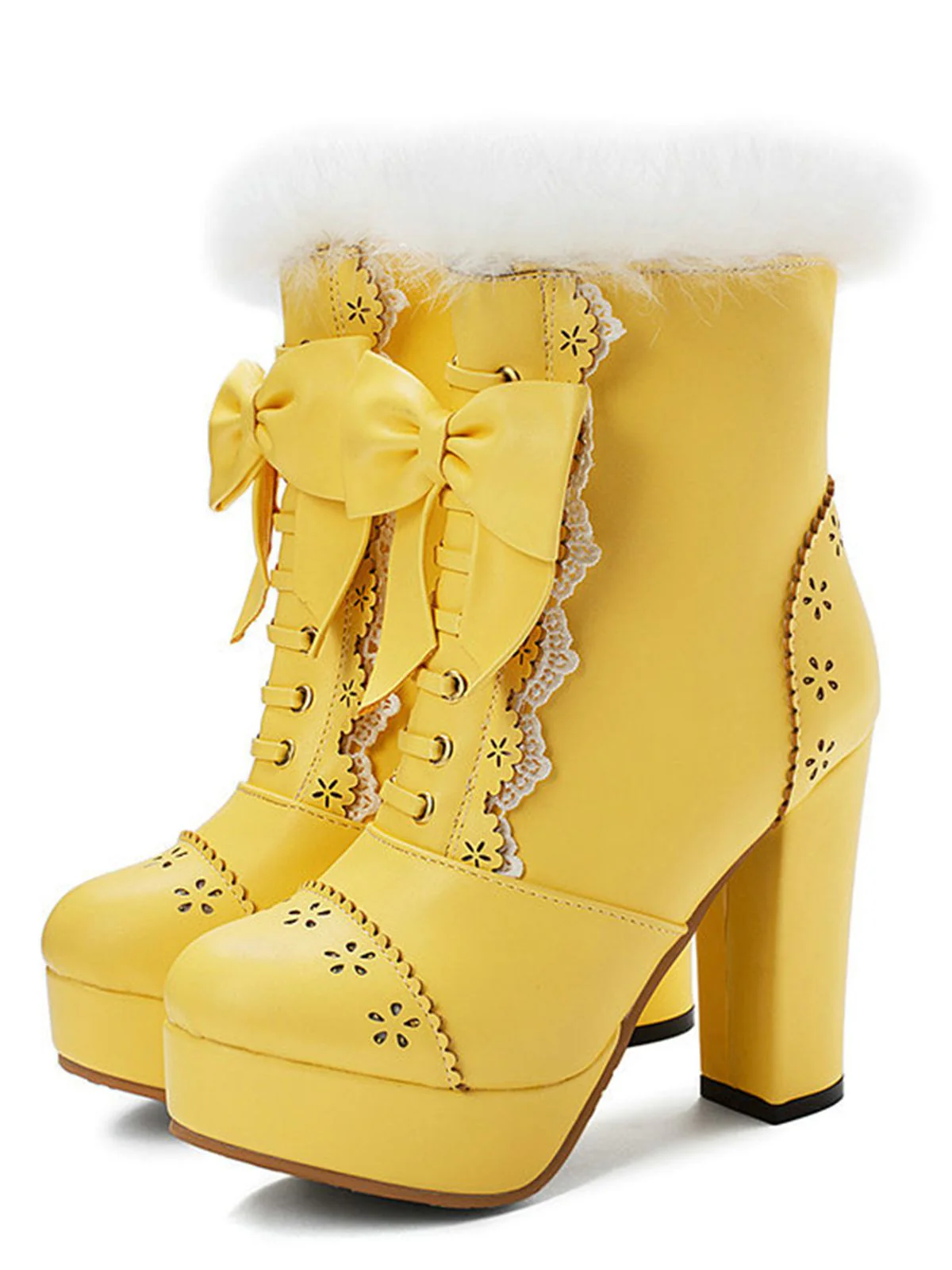Retro Furry Bowknot Chunky Heel Snow Boots - Image 3