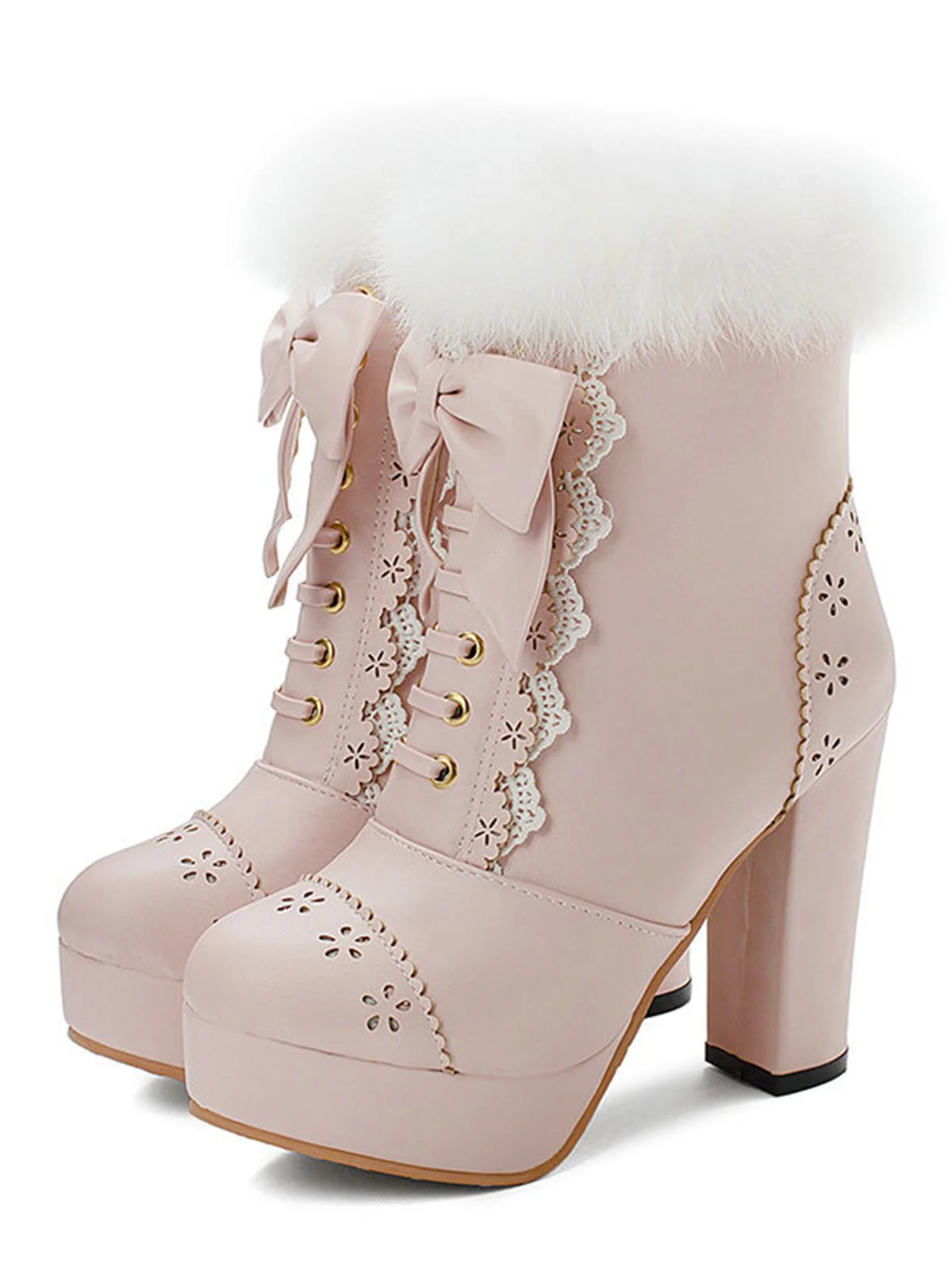 Retro Furry Bowknot Chunky Heel Snow Boots - Image 8